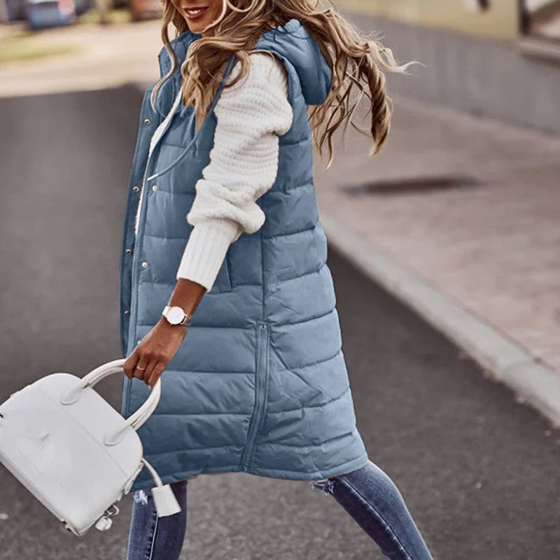 Women’s Quilted Vest – Relaxed Fit – Long Length – Hooded – Insulated Casual Layer