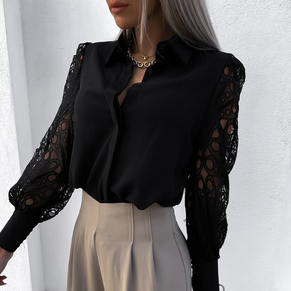 Rita | Elegant Black Blouse with Lace Sleeves