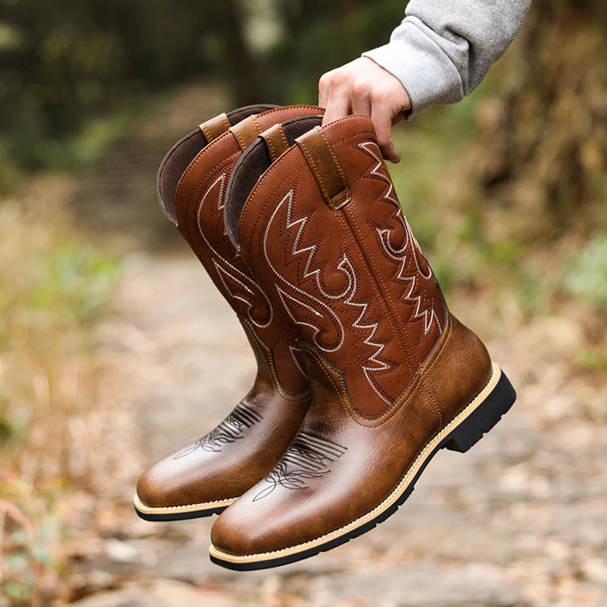 Men’s Cowboy Boots – Leather Wide Toe – High Top Embroidered Western Style