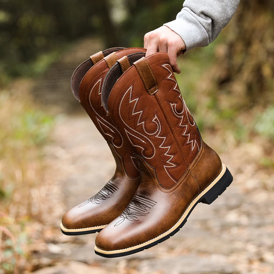 Men’s Cowboy Boots – Leather Wide Toe – High Top Embroidered Western Style