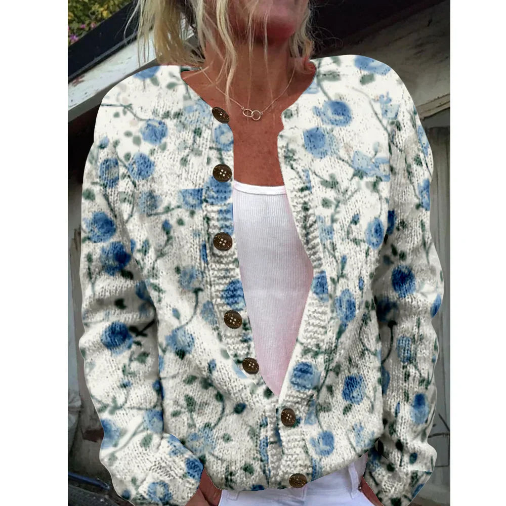 Camille | Knitted cardigan with blue floral print