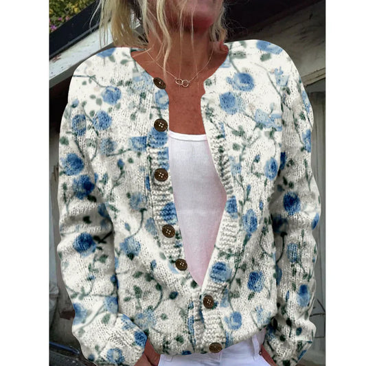 Camille | Knitted cardigan with blue floral print