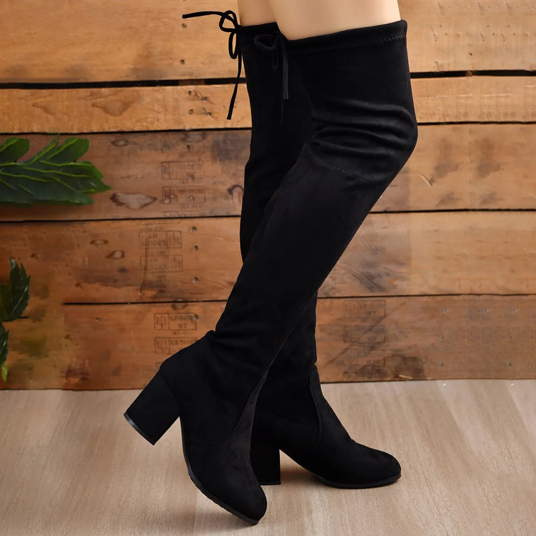 Women’s Over-the-Knee Boots – Suede – Block Heel – Pointed Toe – Lace-Up Back