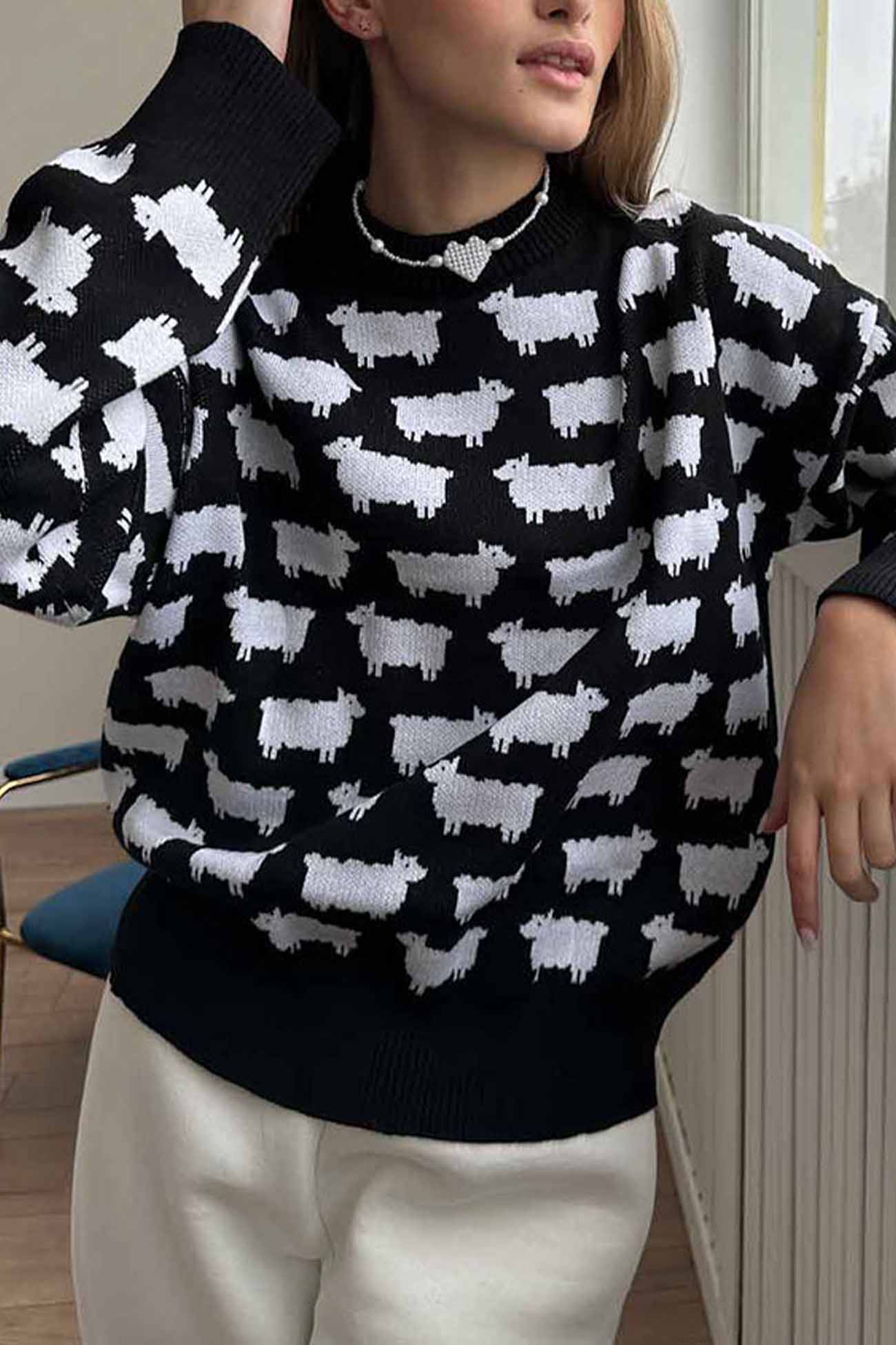 Dagmar® | Long-sleeved sweater with a crew neck and a sheep pattern