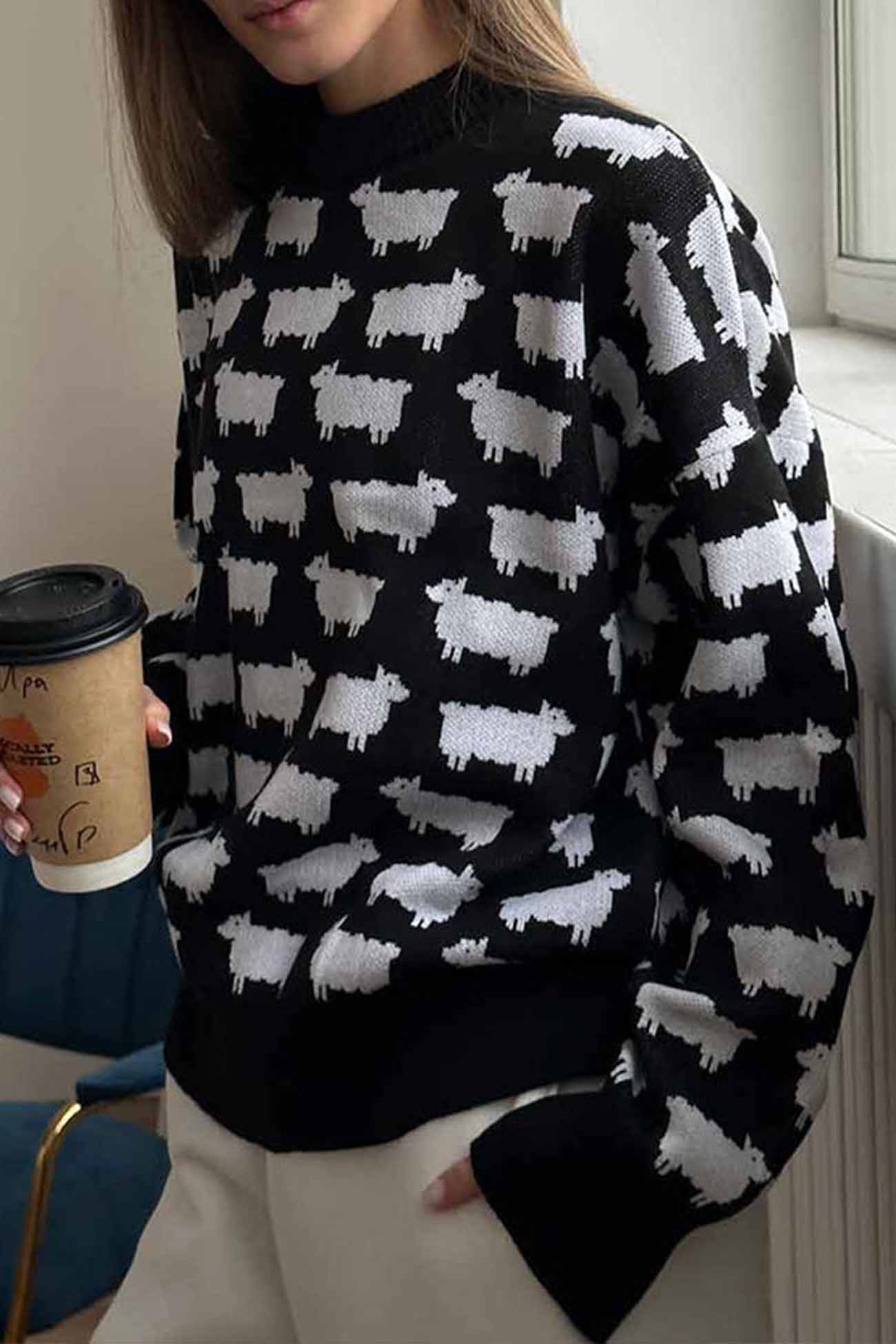 Dagmar® | Long-sleeved sweater with a crew neck and a sheep pattern