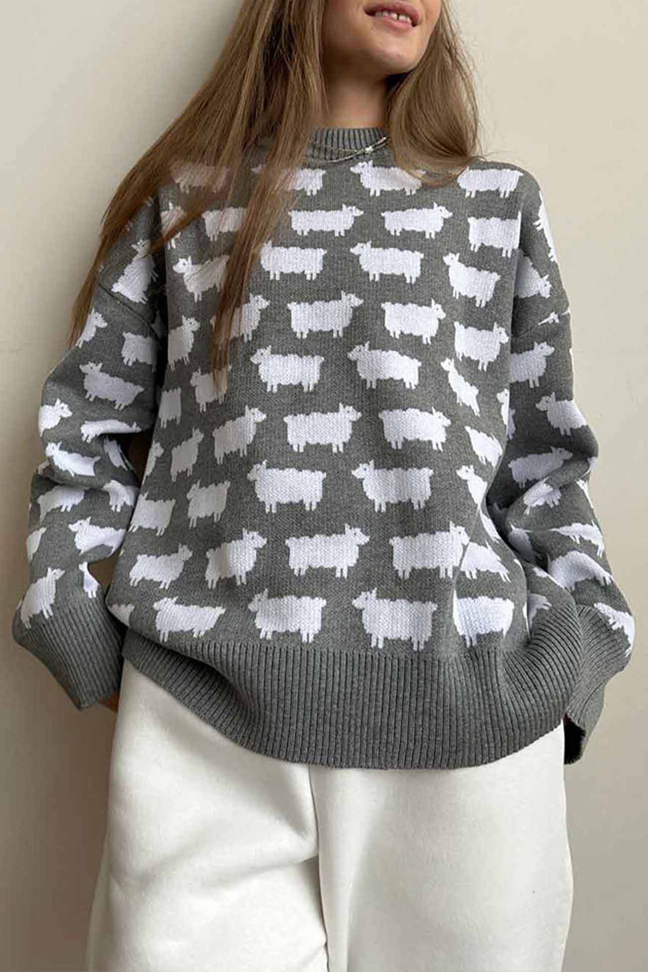 Dagmar® | Long-sleeved sweater with a crew neck and a sheep pattern