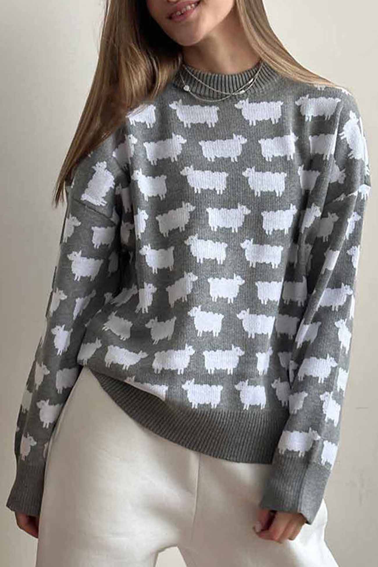 Dagmar® | Long-sleeved sweater with a crew neck and a sheep pattern