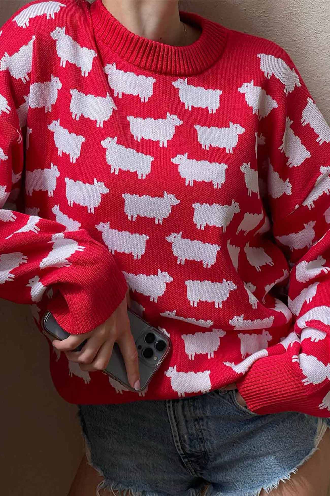 Dagmar® | Long-sleeved sweater with a crew neck and a sheep pattern