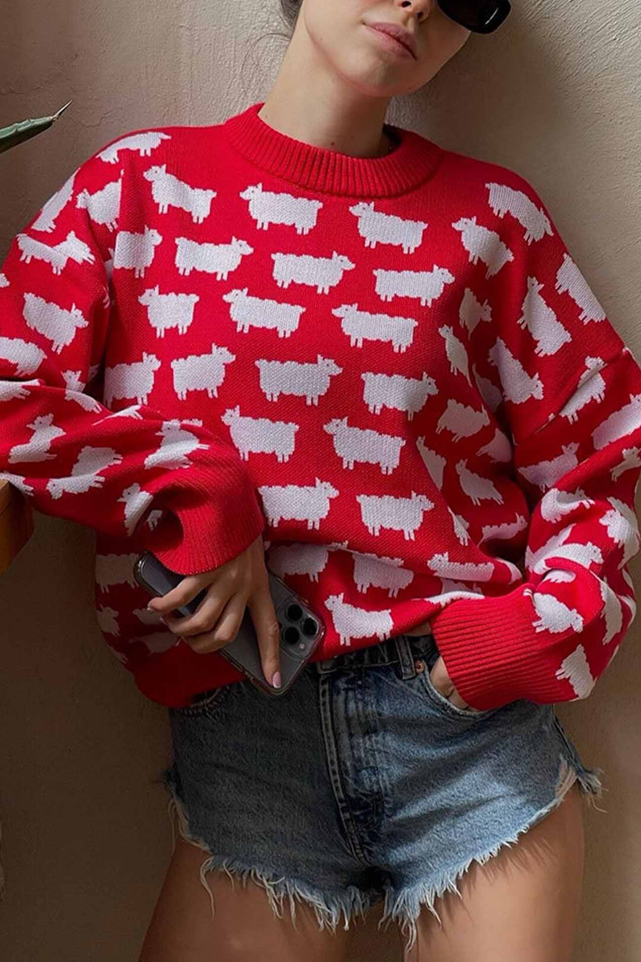 Dagmar® | Long-sleeved sweater with a crew neck and a sheep pattern
