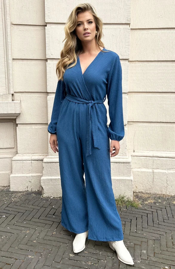 Bella® | Smocked jumpsuit with V-neck in denim blue