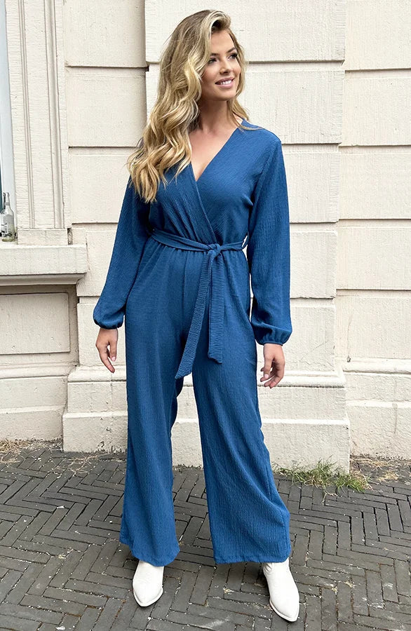 Bella® | Smocked jumpsuit with V-neck in denim blue