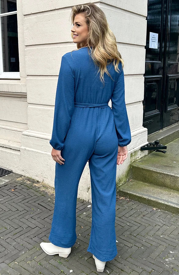 Bella® | Smocked jumpsuit with V-neck in denim blue