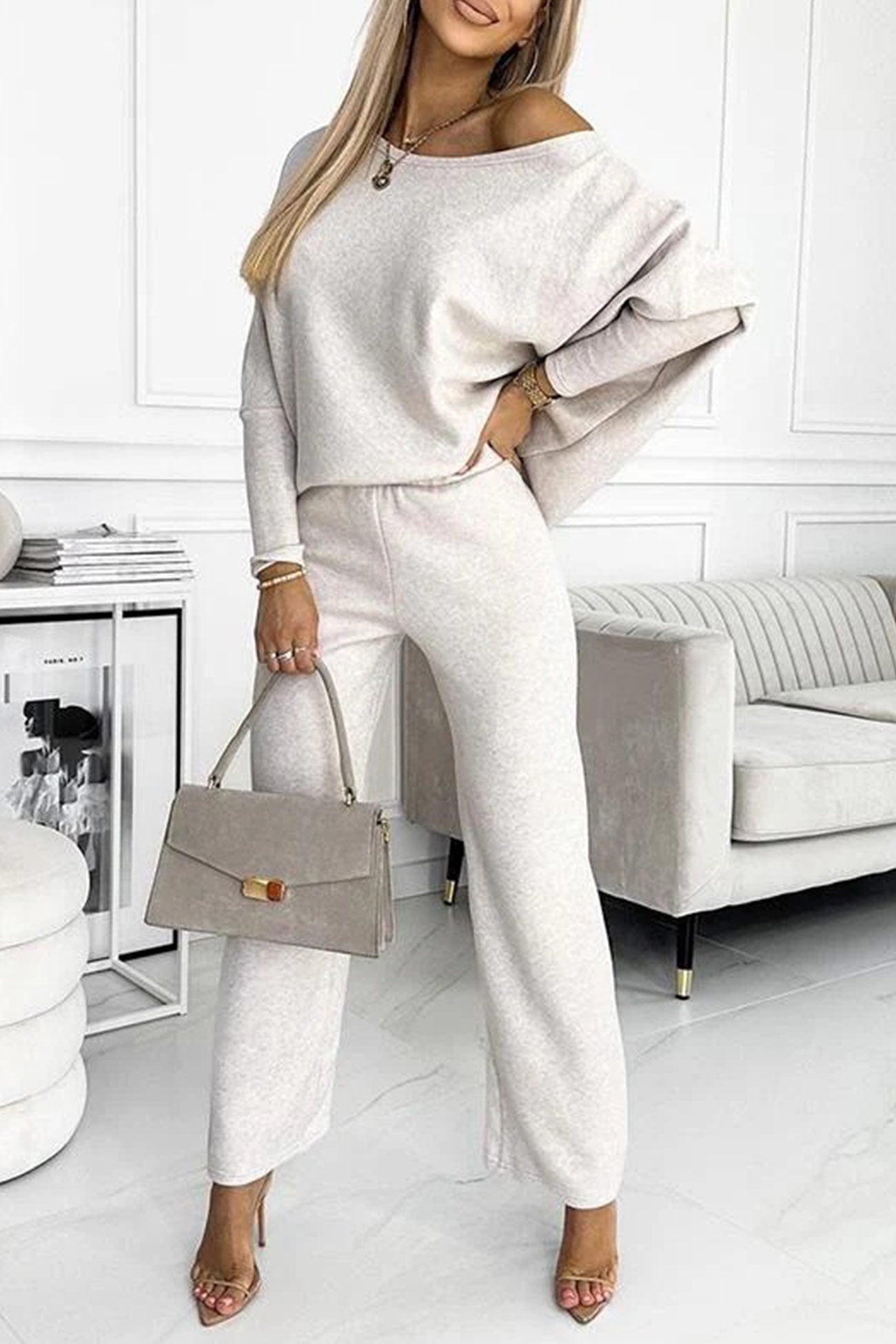 Constance® | Solid sweater and pants set with dropped shoulders