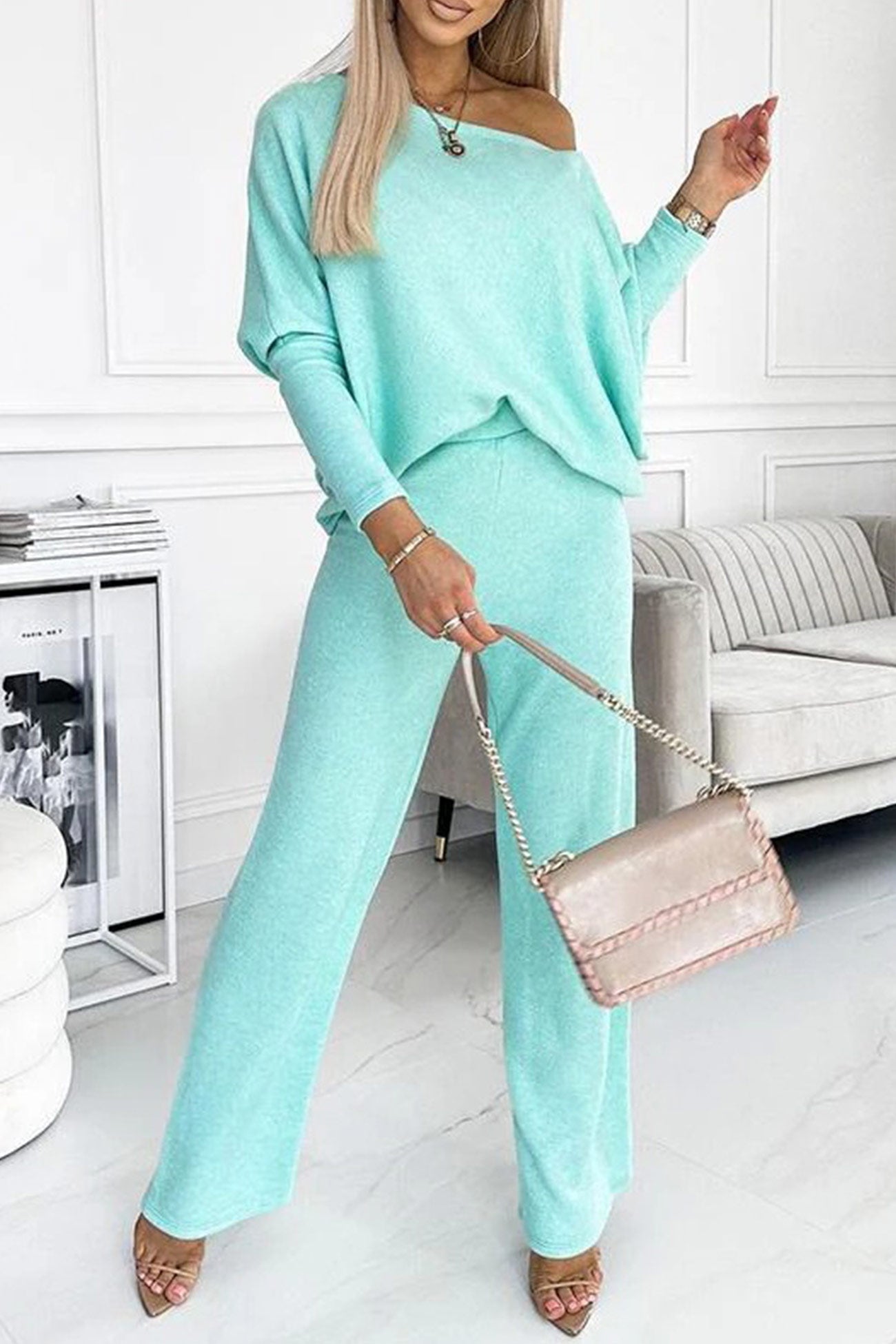 Constance® | Solid sweater and pants set with dropped shoulders