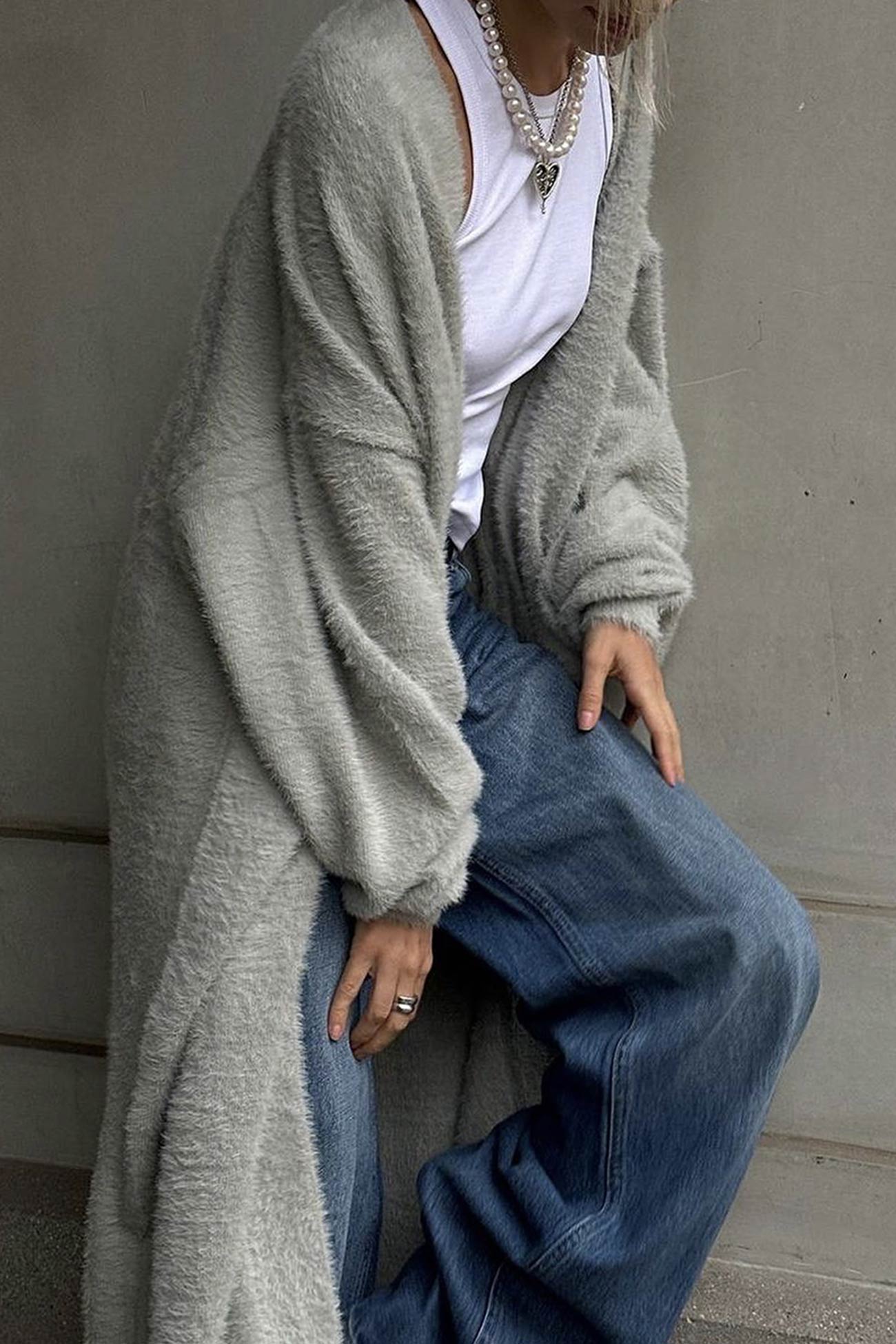 Cielo® | Simple long cardigan with drawstring made of imitation mink