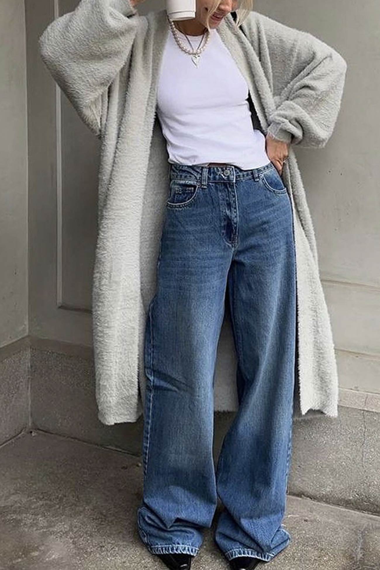 Cielo® | Simple long cardigan with drawstring made of imitation mink