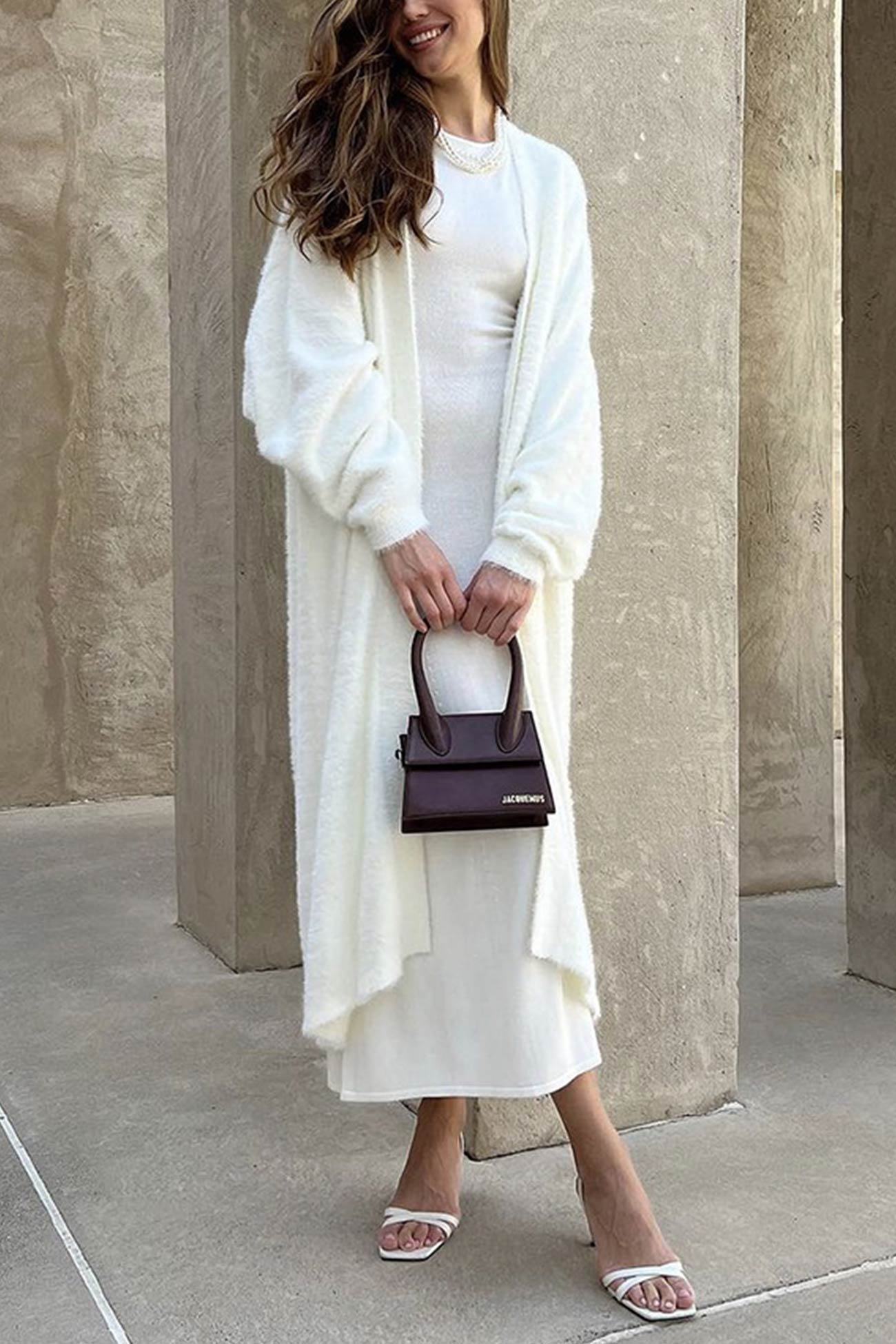 Cielo® | Simple long cardigan with drawstring made of imitation mink