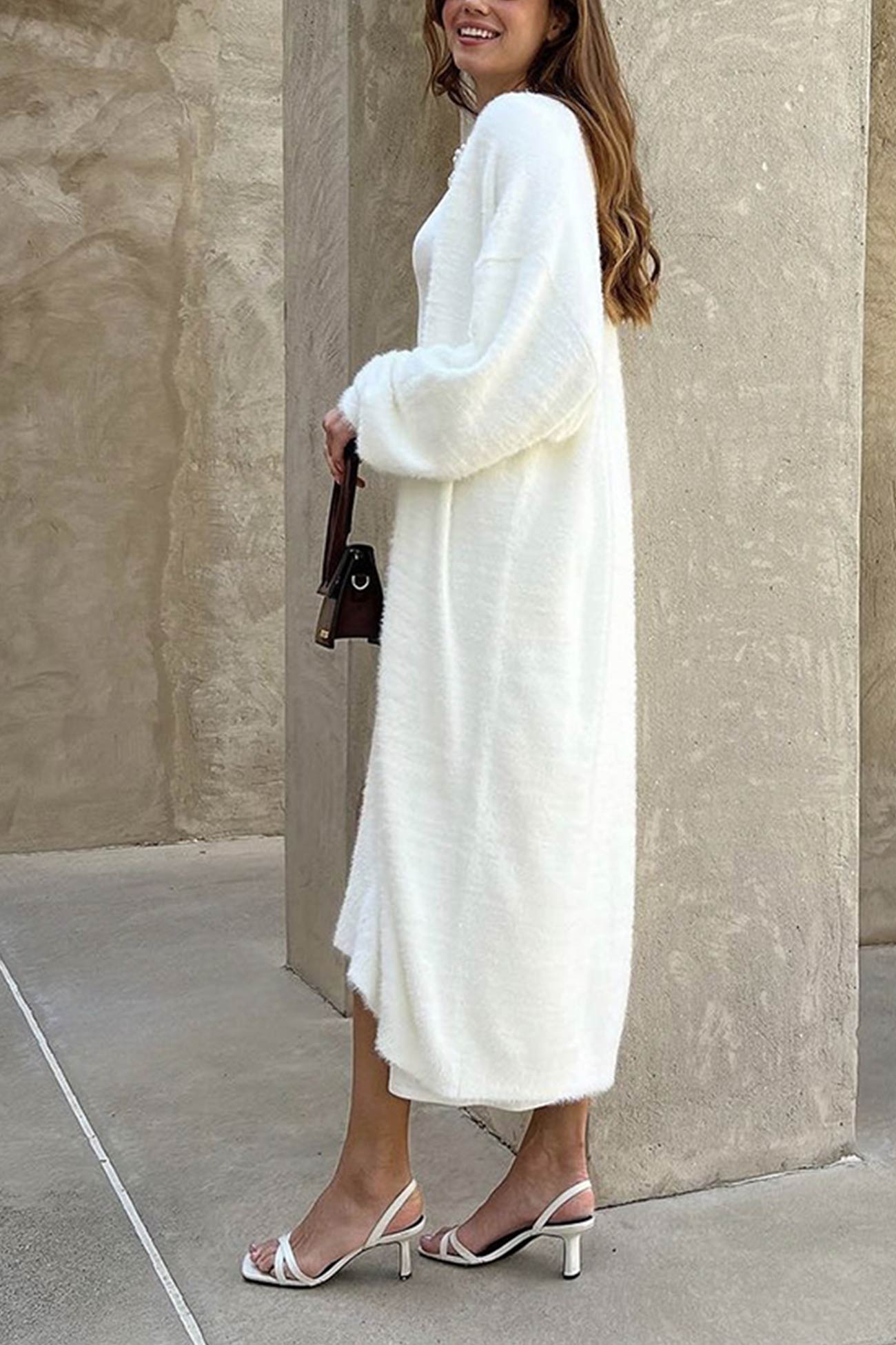 Cielo® | Simple long cardigan with drawstring made of imitation mink