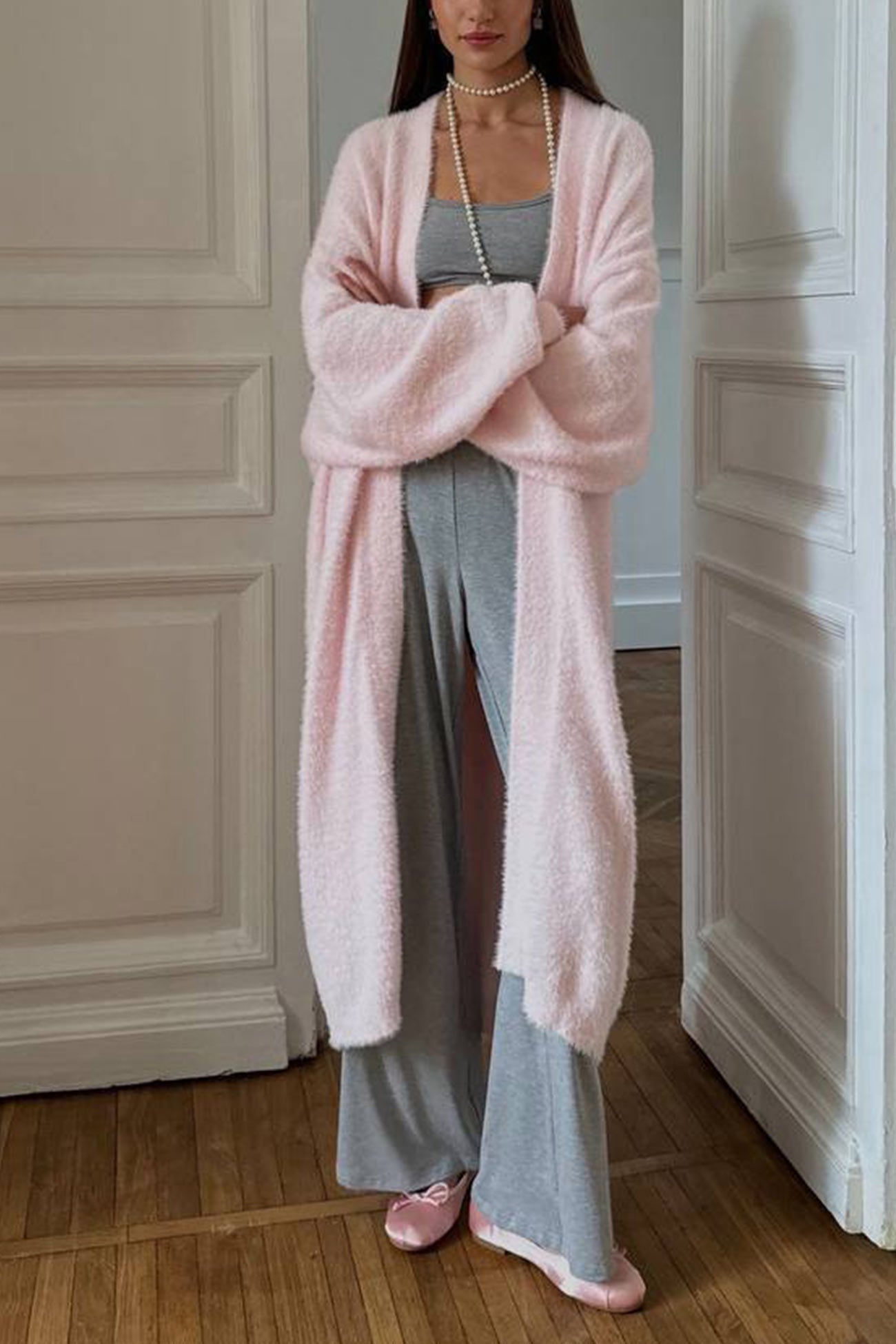 Cielo® | Simple long cardigan with drawstring made of imitation mink