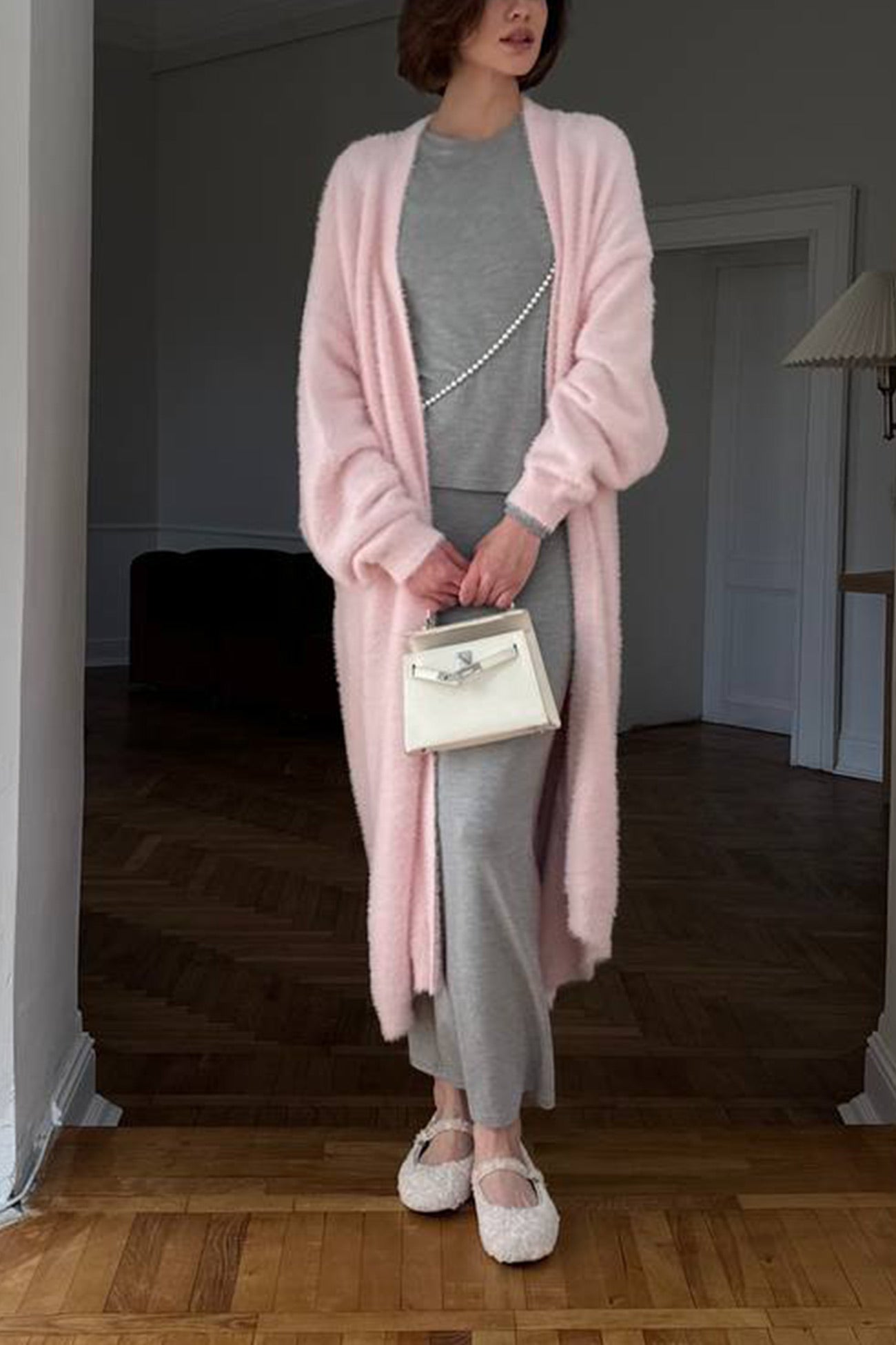 Cielo® | Simple long cardigan with drawstring made of imitation mink