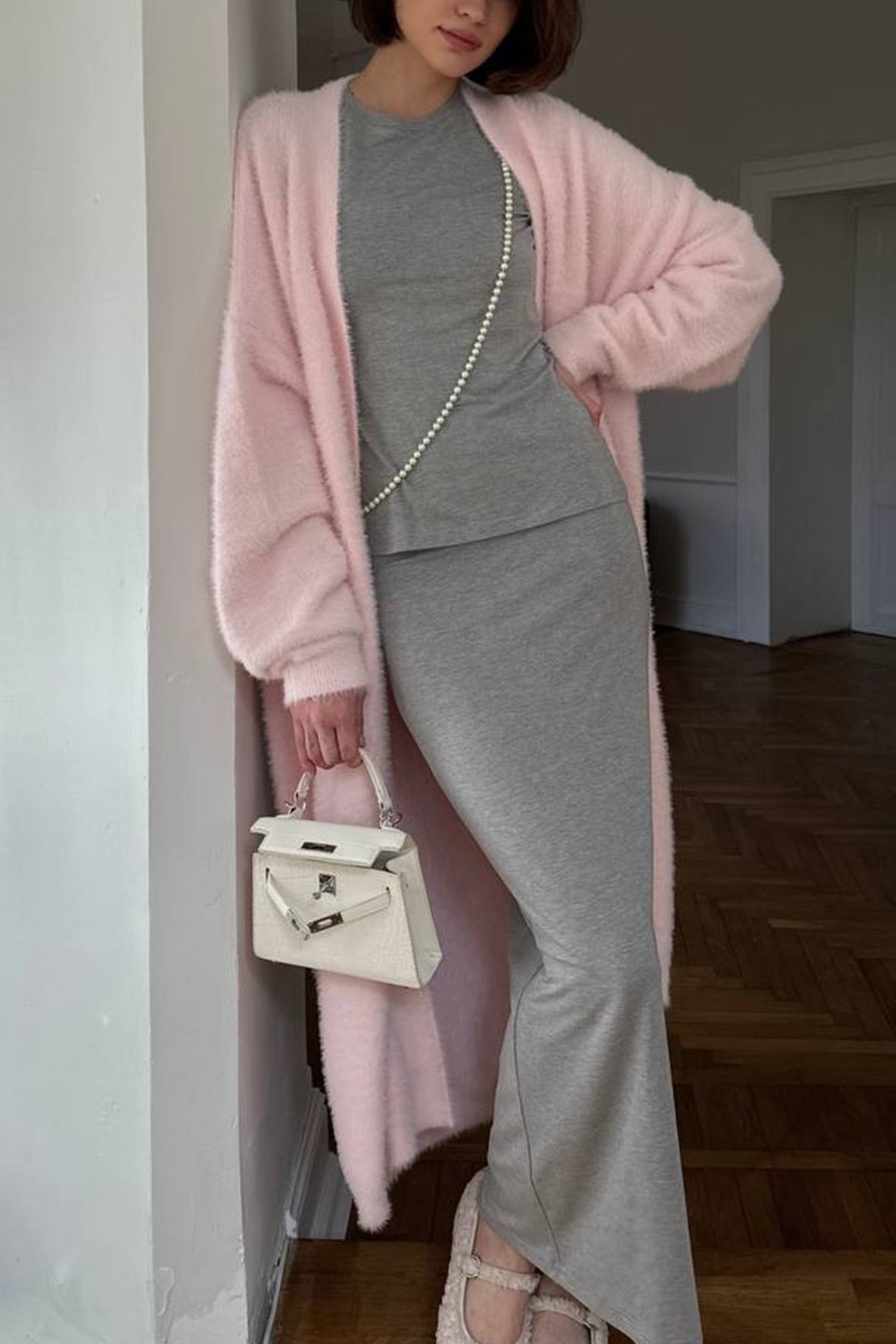 Cielo® | Simple long cardigan with drawstring made of imitation mink