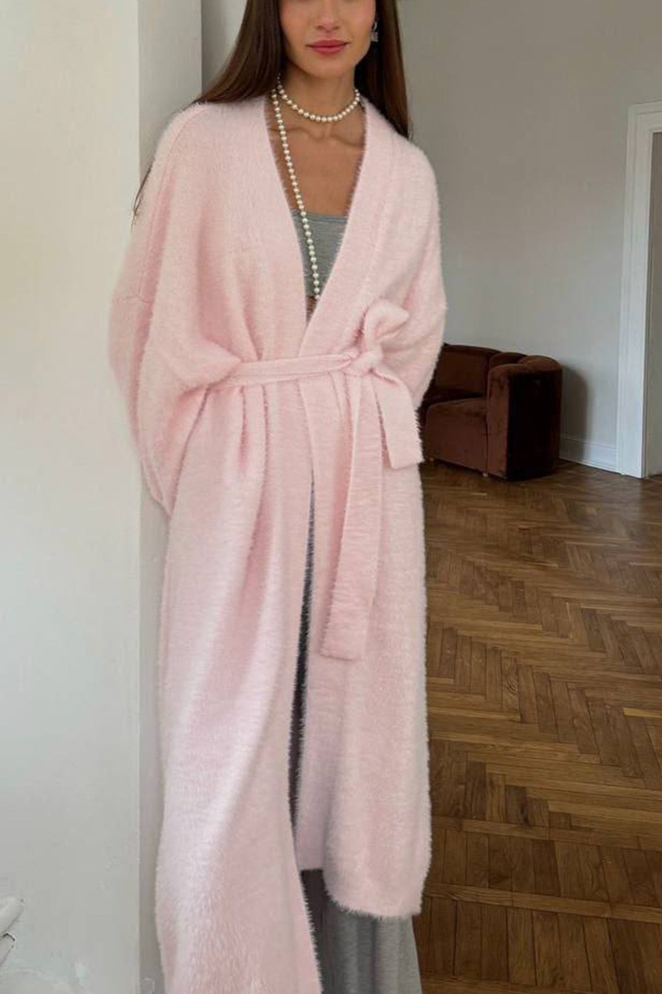 Cielo® | Simple long cardigan with drawstring made of imitation mink