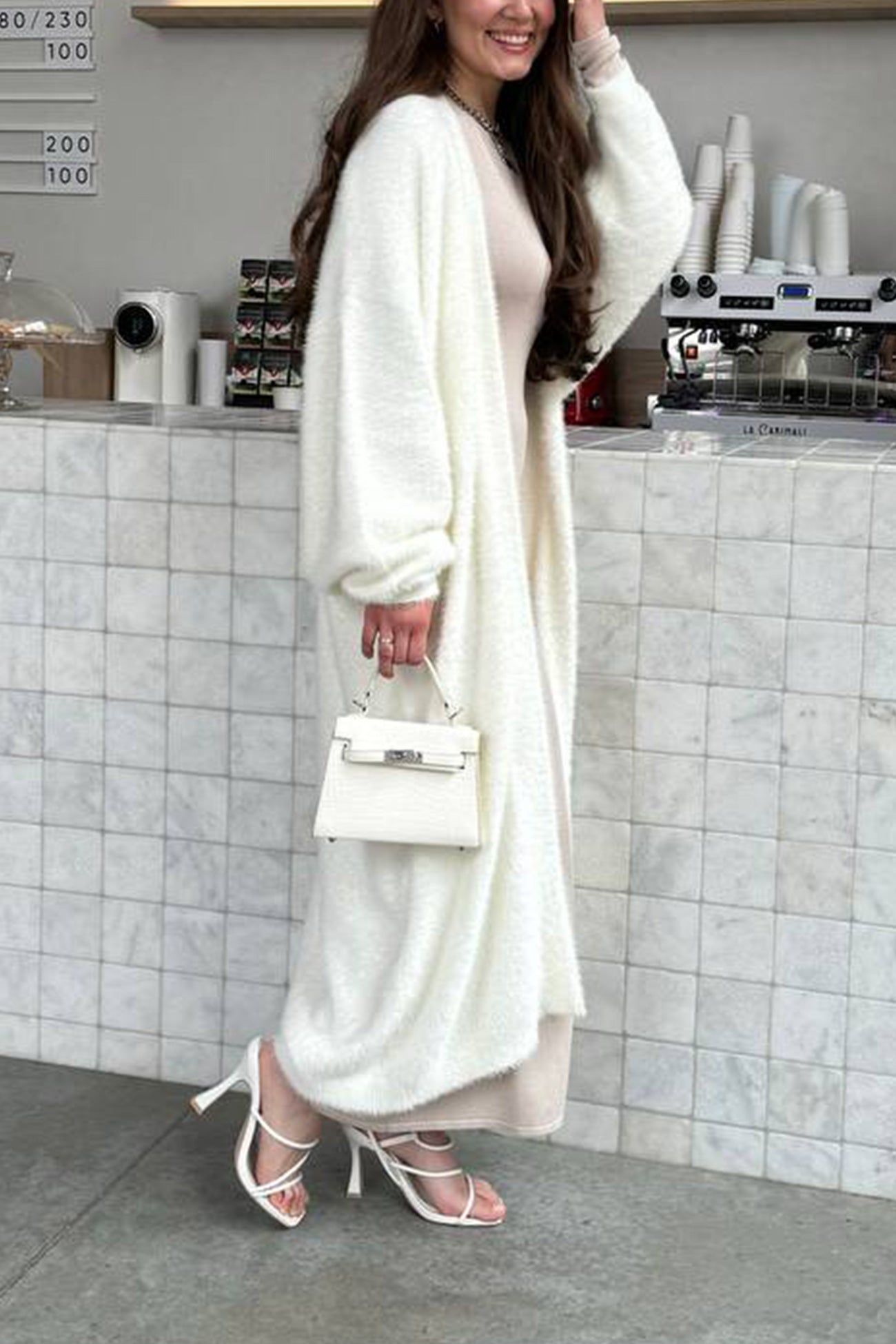 Cielo® | Simple long cardigan with drawstring made of imitation mink