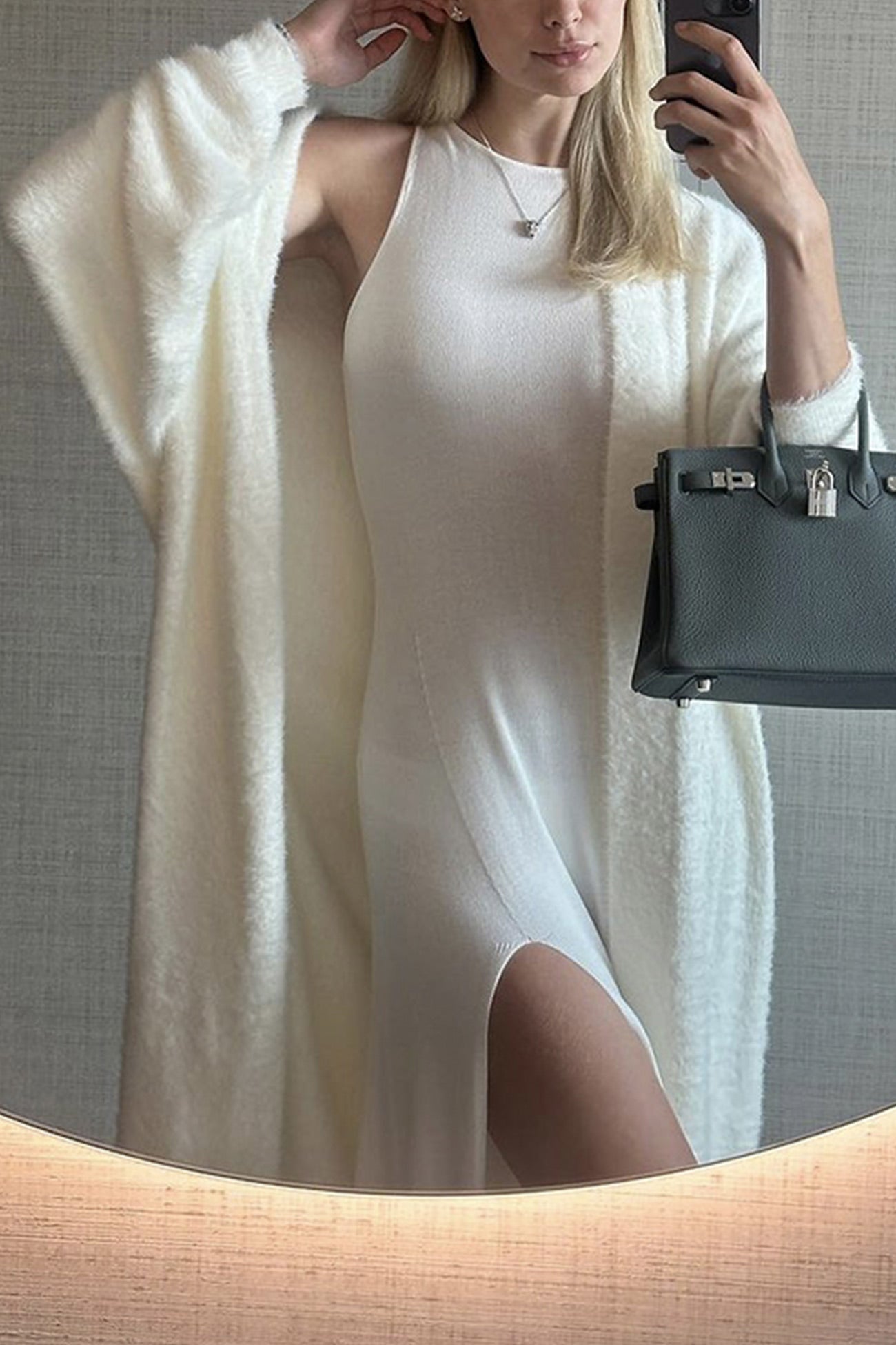 Cielo® | Simple long cardigan with drawstring made of imitation mink