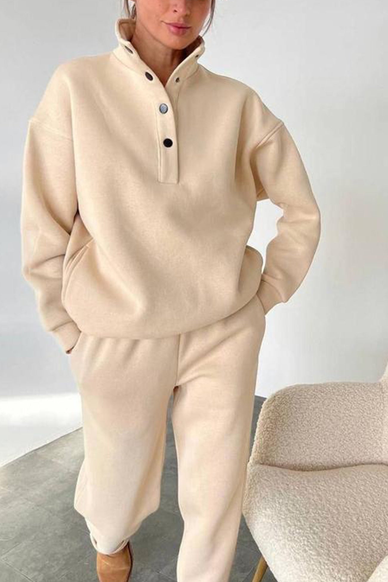 Anya® | Stand collar button down sweatshirt suits