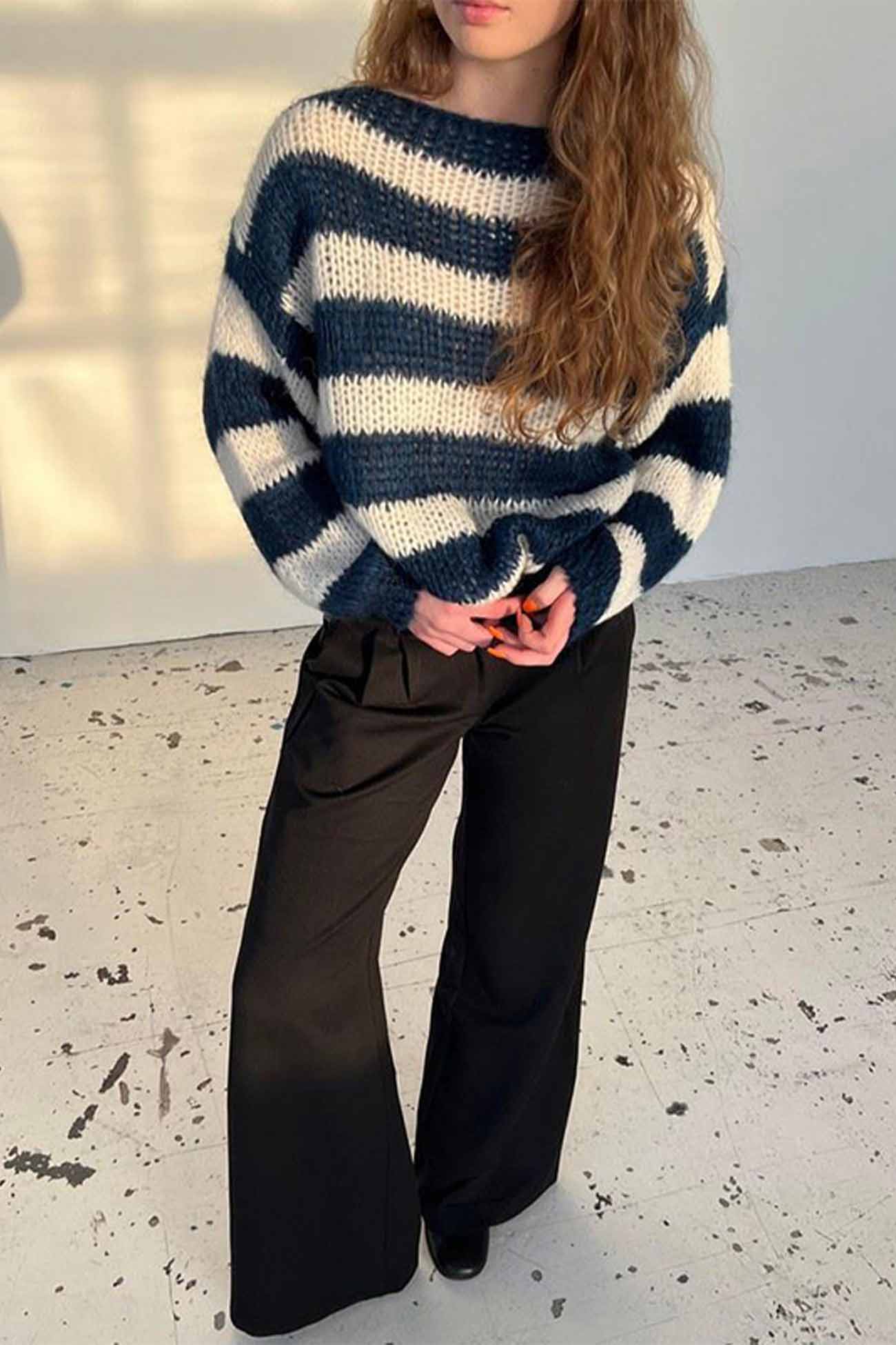 Adriana® | Striped Drop Shoulder Long Sleeve Knit Sweater