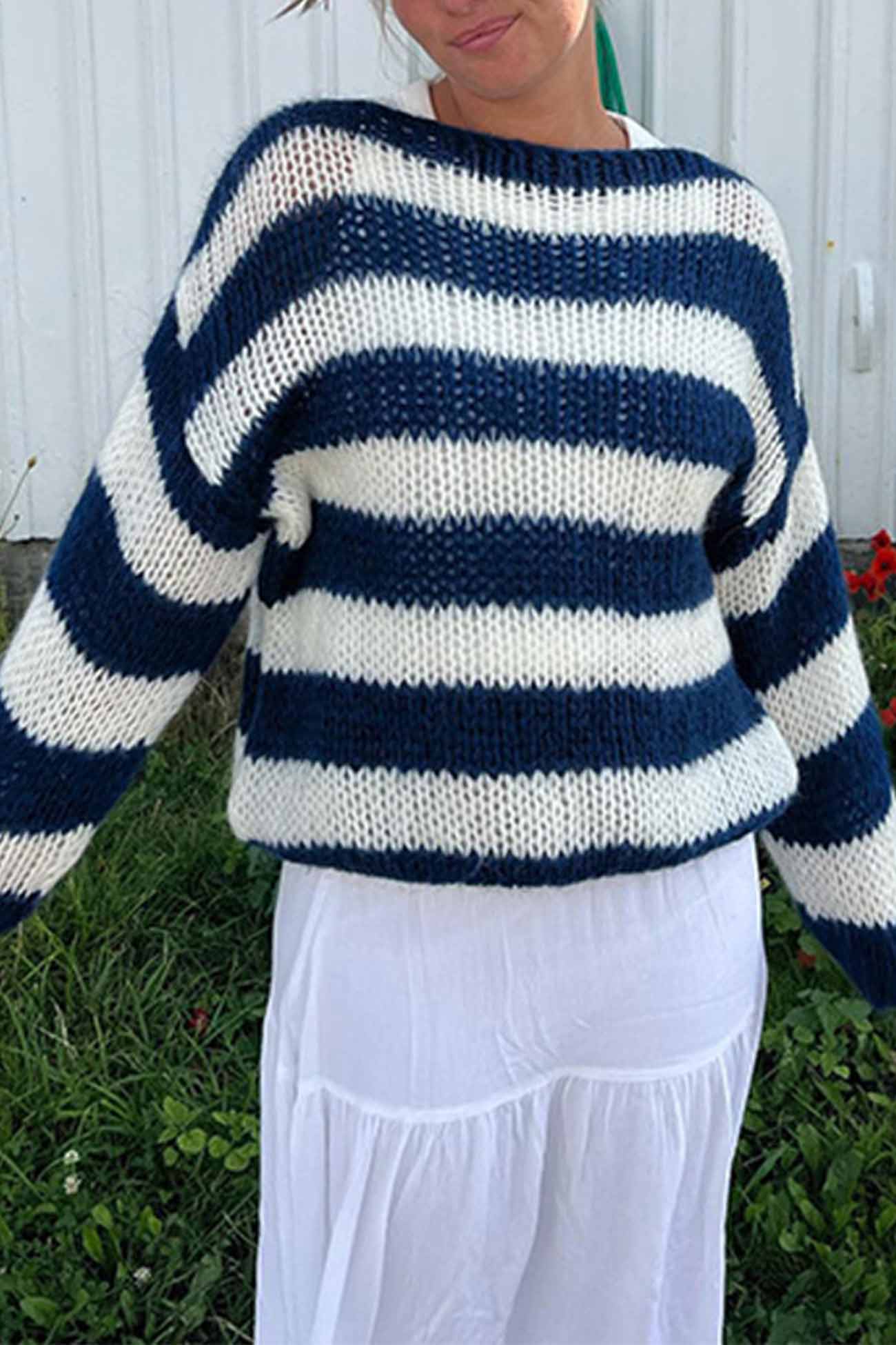Adriana® | Striped Drop Shoulder Long Sleeve Knit Sweater