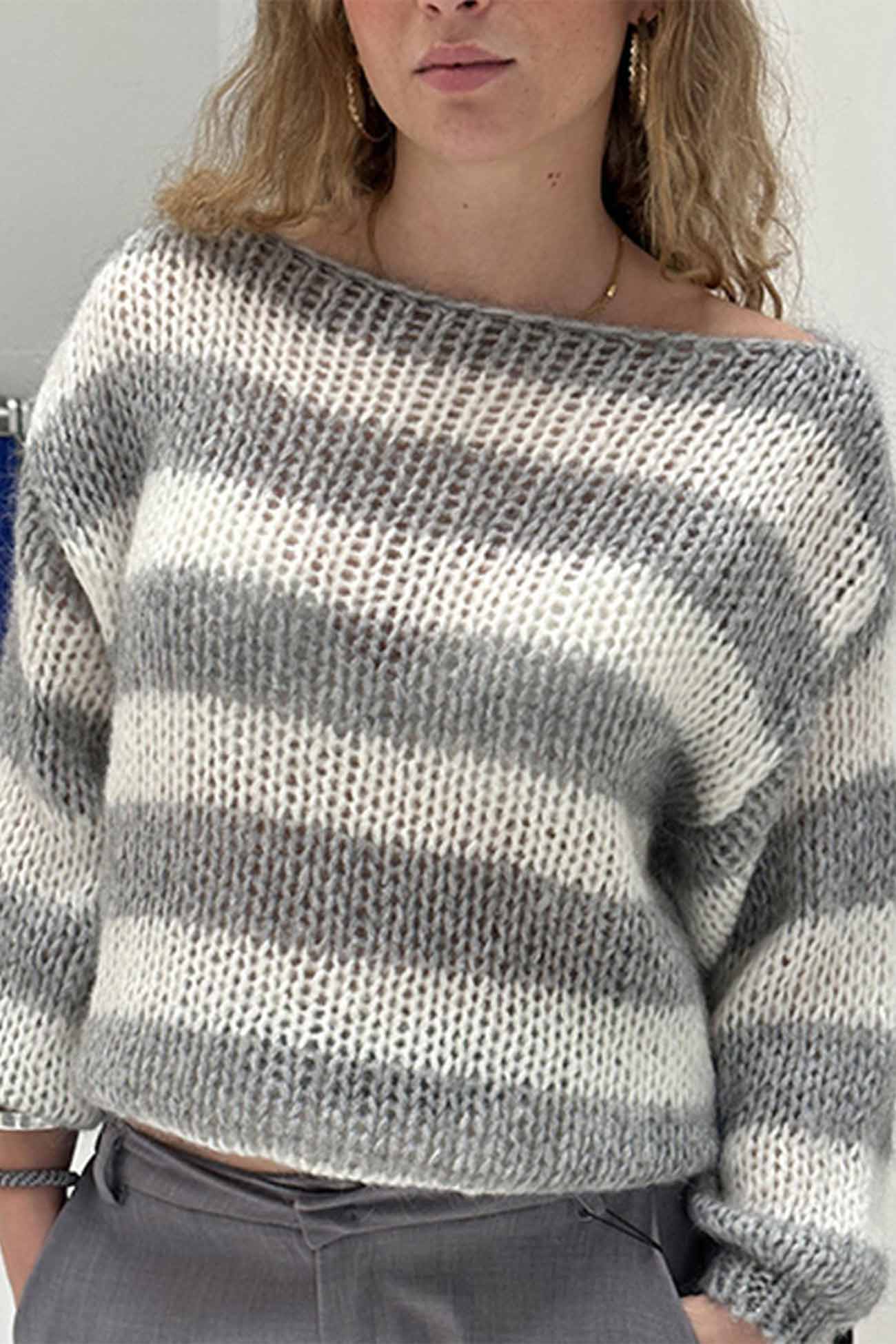 Adriana® | Striped Drop Shoulder Long Sleeve Knit Sweater
