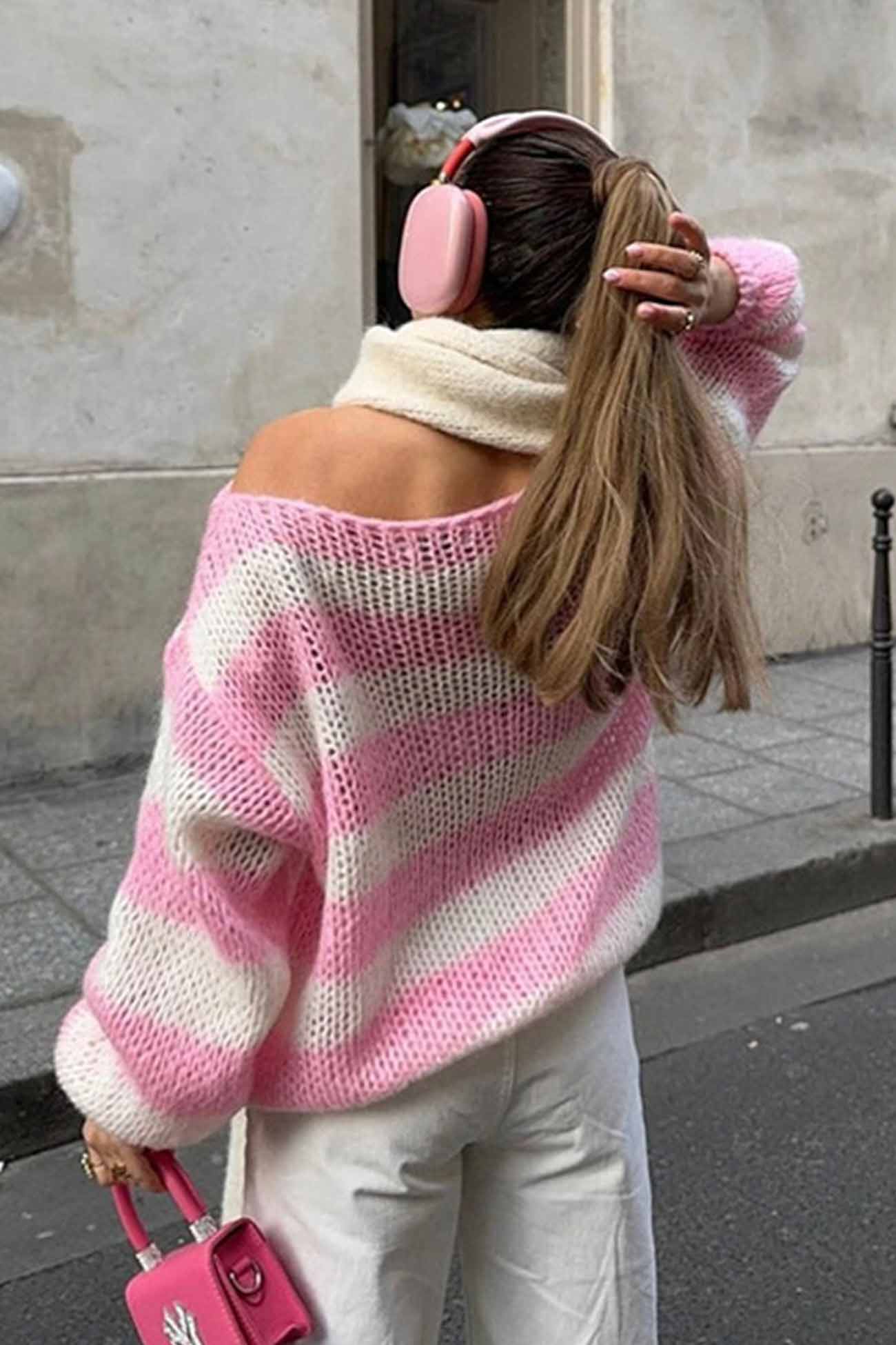 Adriana® | Striped Drop Shoulder Long Sleeve Knit Sweater
