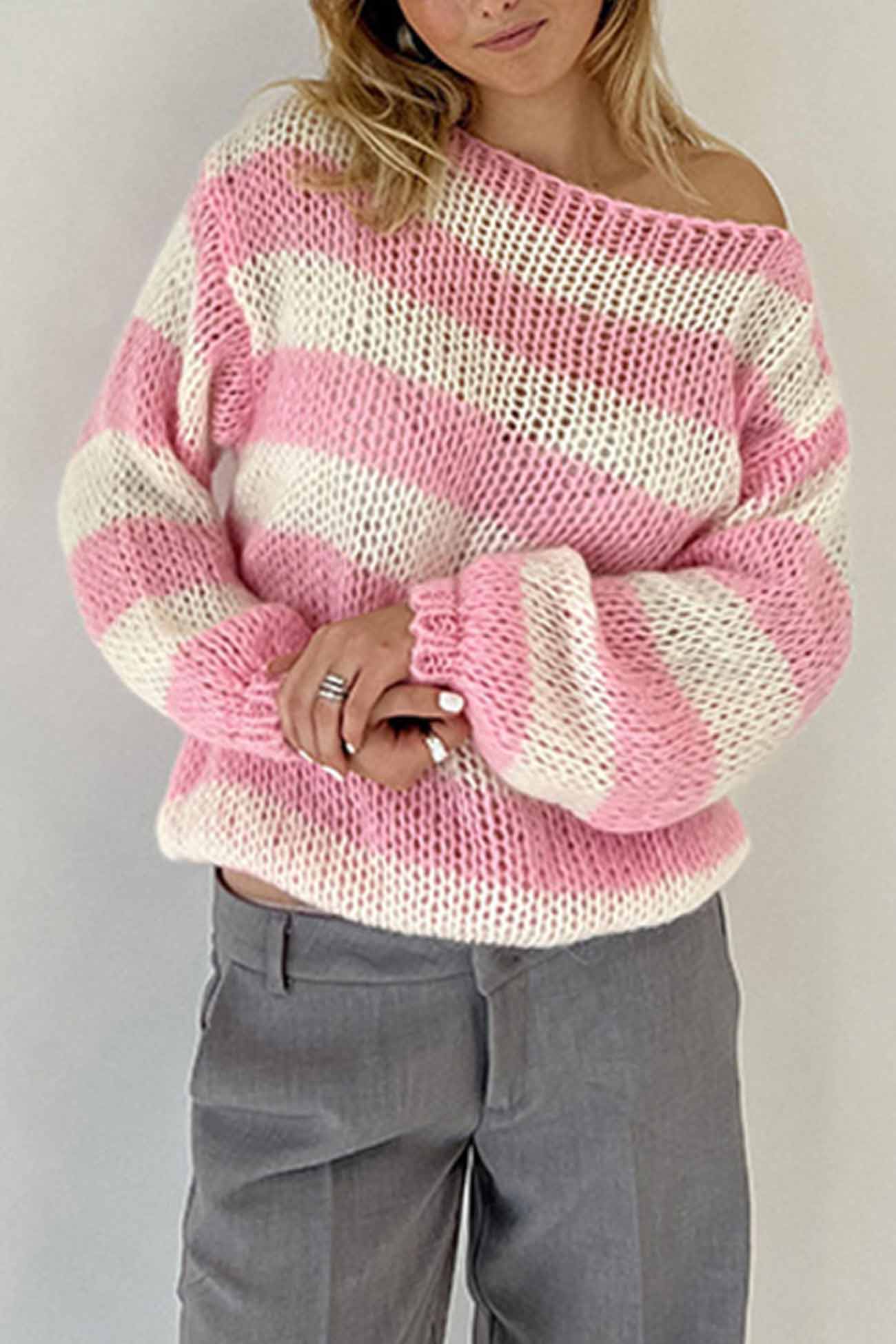 Adriana® | Striped Drop Shoulder Long Sleeve Knit Sweater