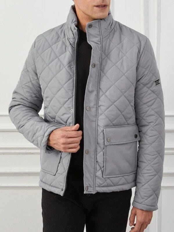 Men’s Quilted Jacket – Regular Fit – Diamond Padded – Snap Front – Stand Collar