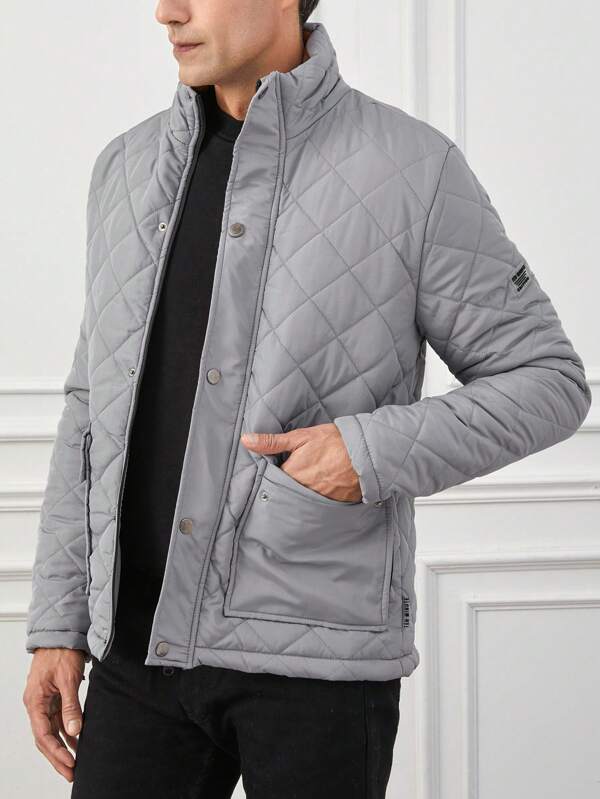 Men’s Quilted Jacket – Regular Fit – Diamond Padded – Snap Front – Stand Collar