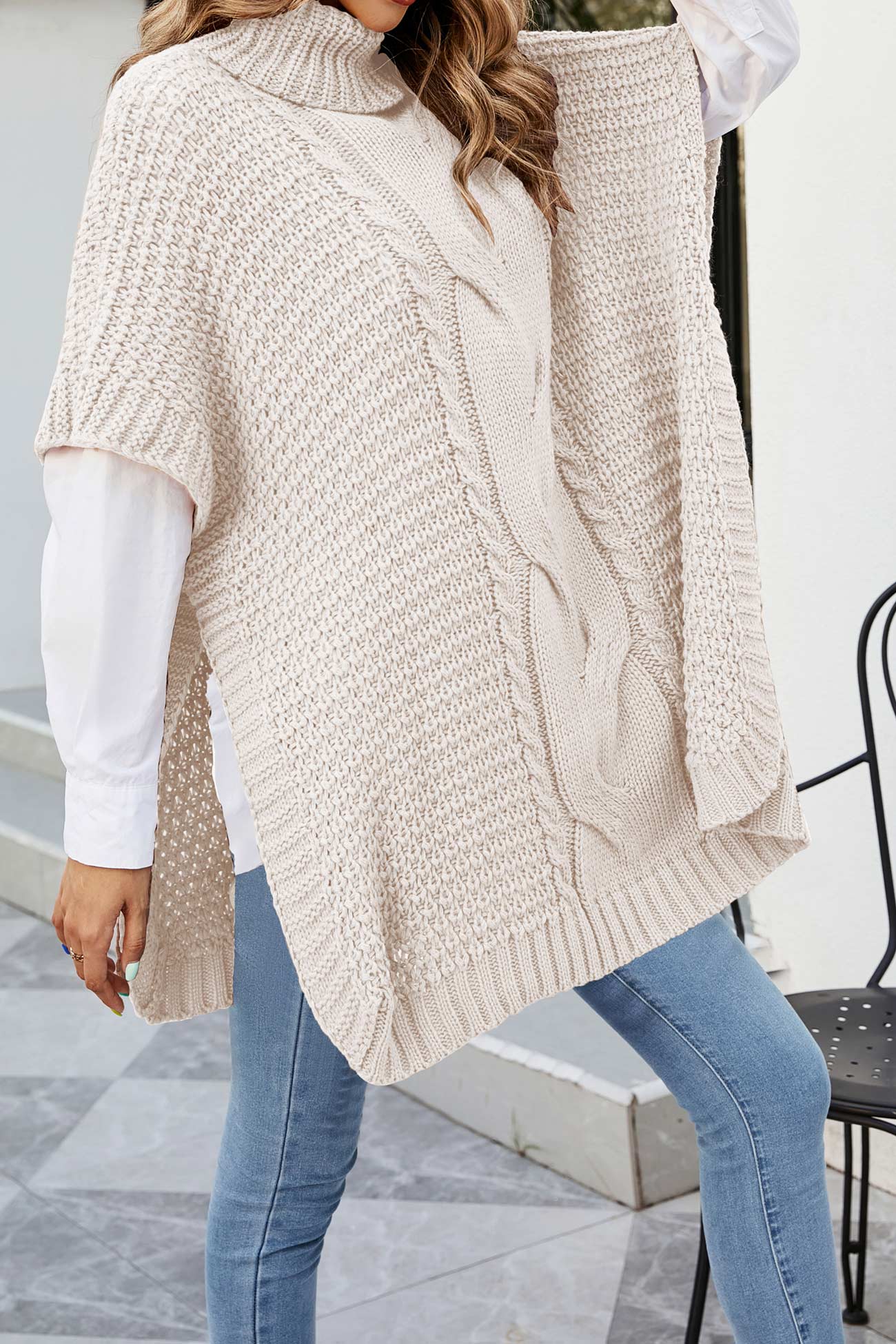 Alba® | Turtleneck Cable Knit Shawl Sweater