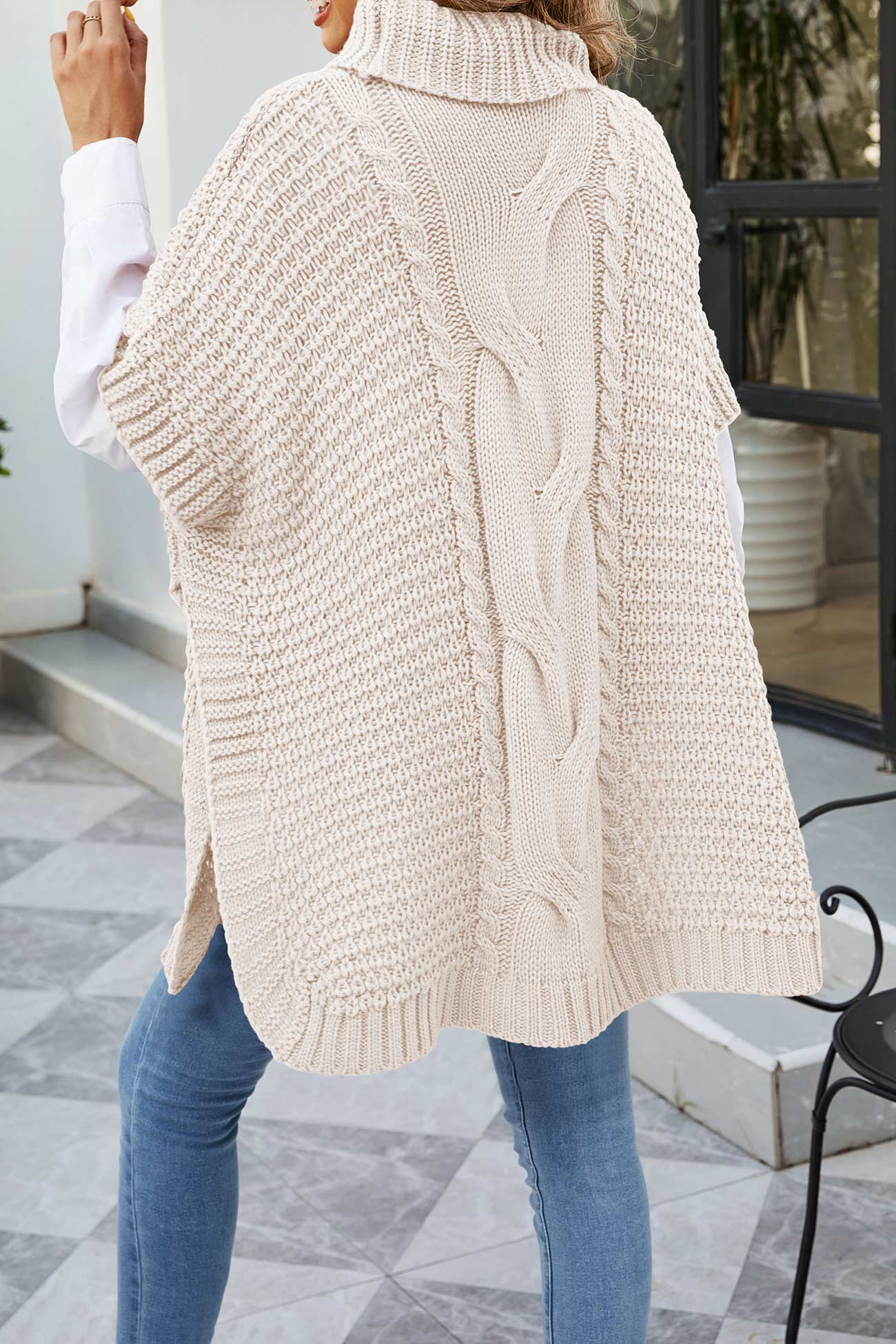 Alba® | Turtleneck Cable Knit Shawl Sweater