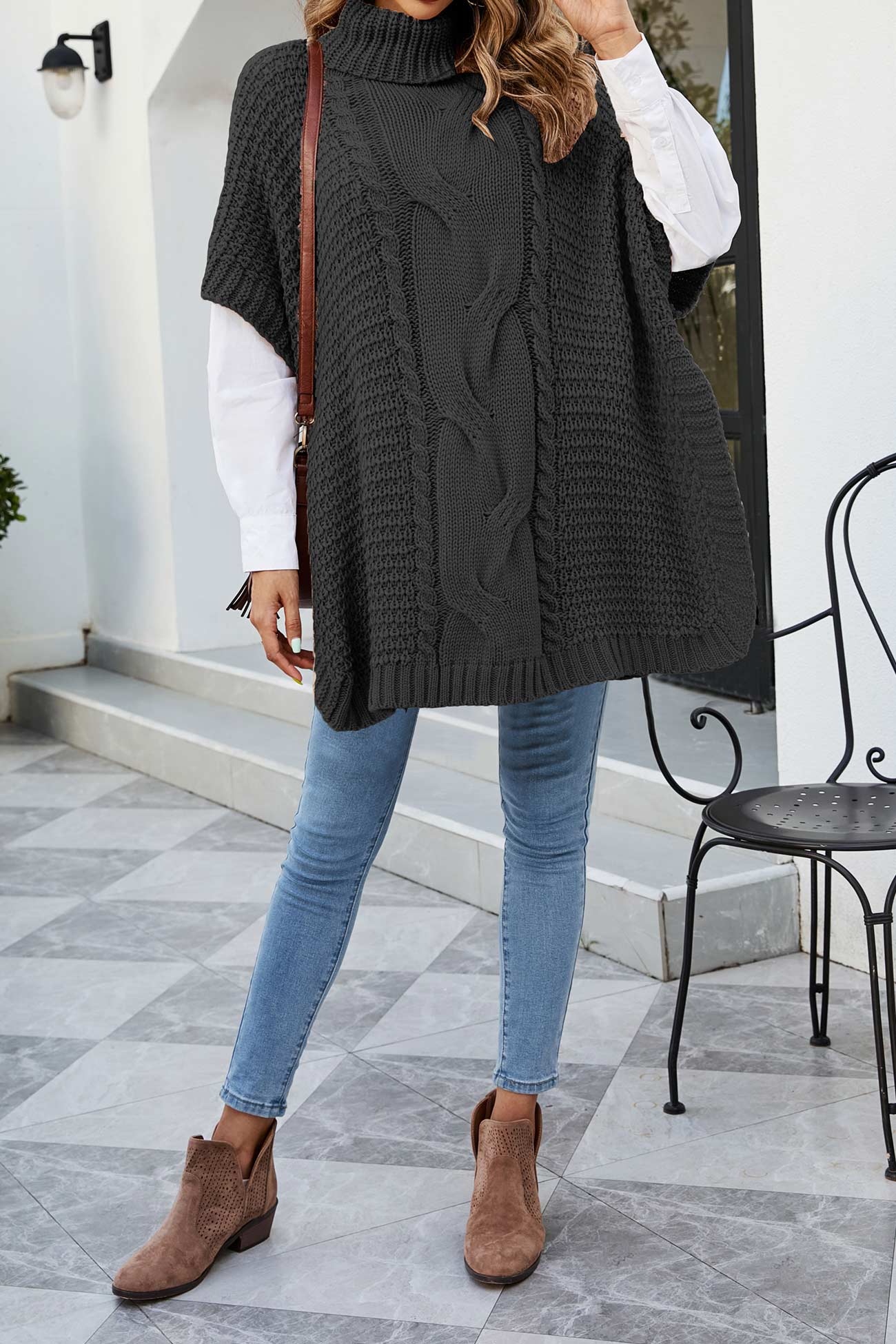 Alba® | Turtleneck Cable Knit Shawl Sweater