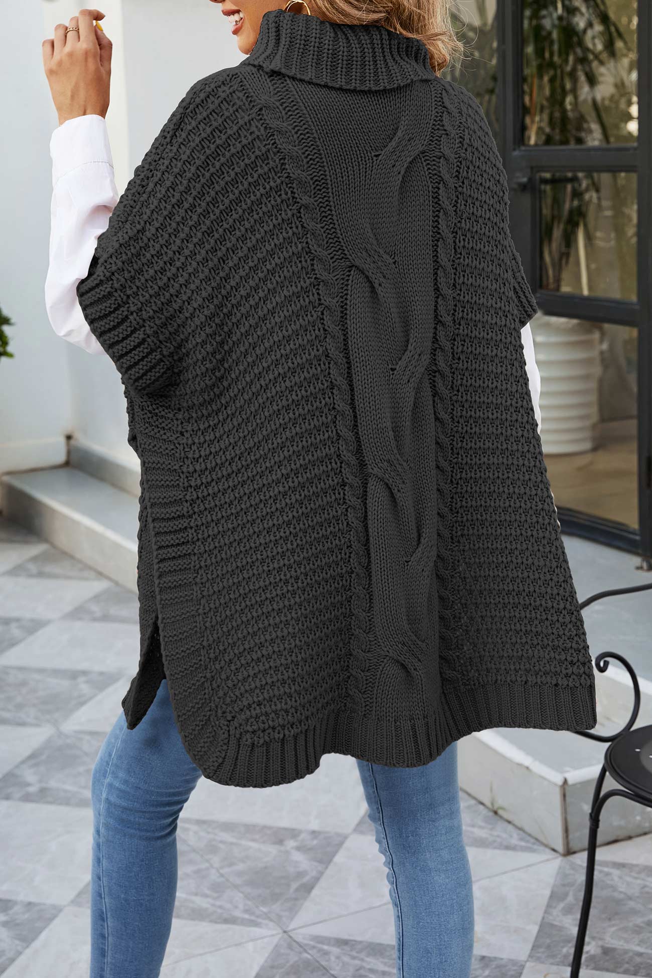 Alba® | Turtleneck Cable Knit Shawl Sweater