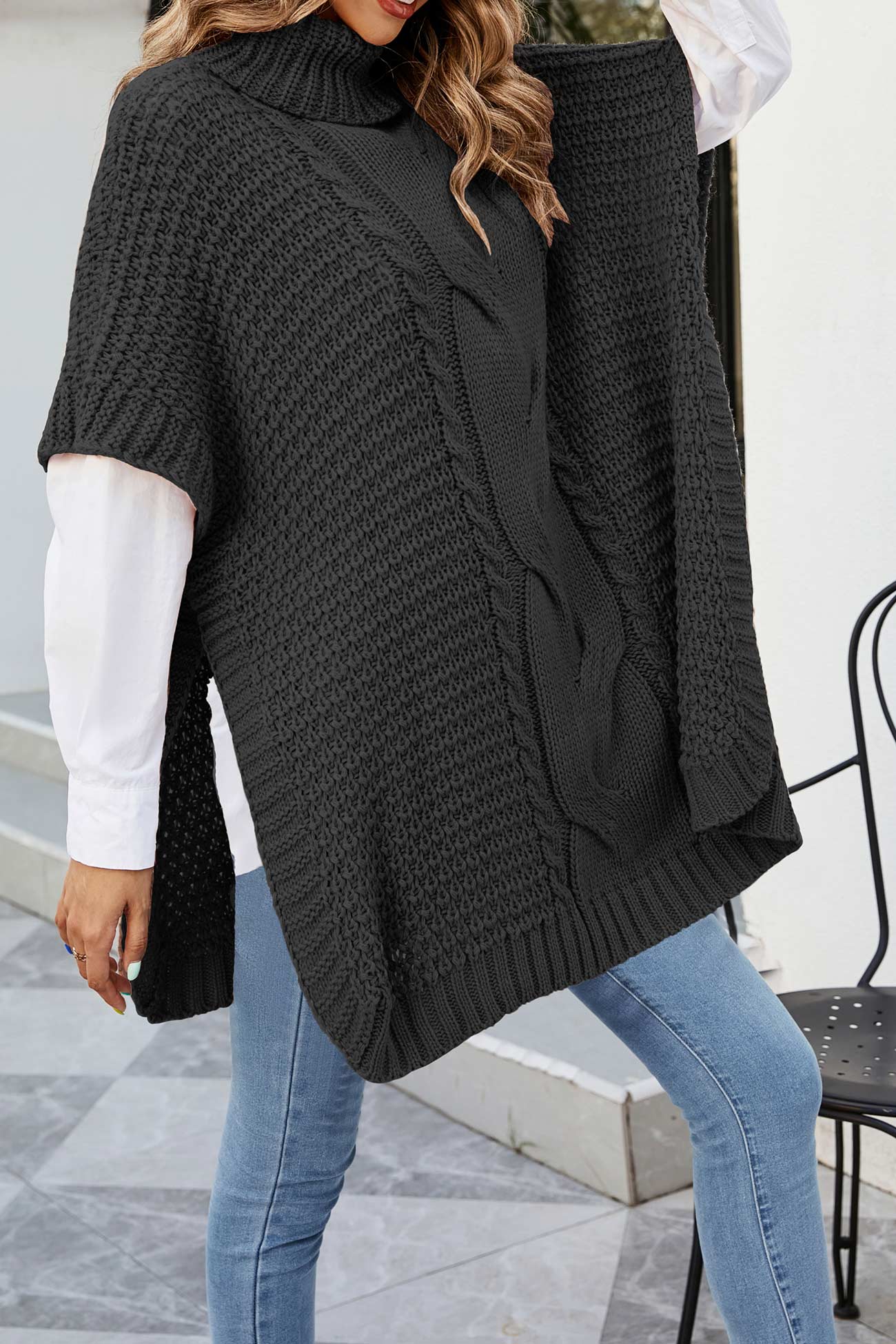 Alba® | Turtleneck Cable Knit Shawl Sweater