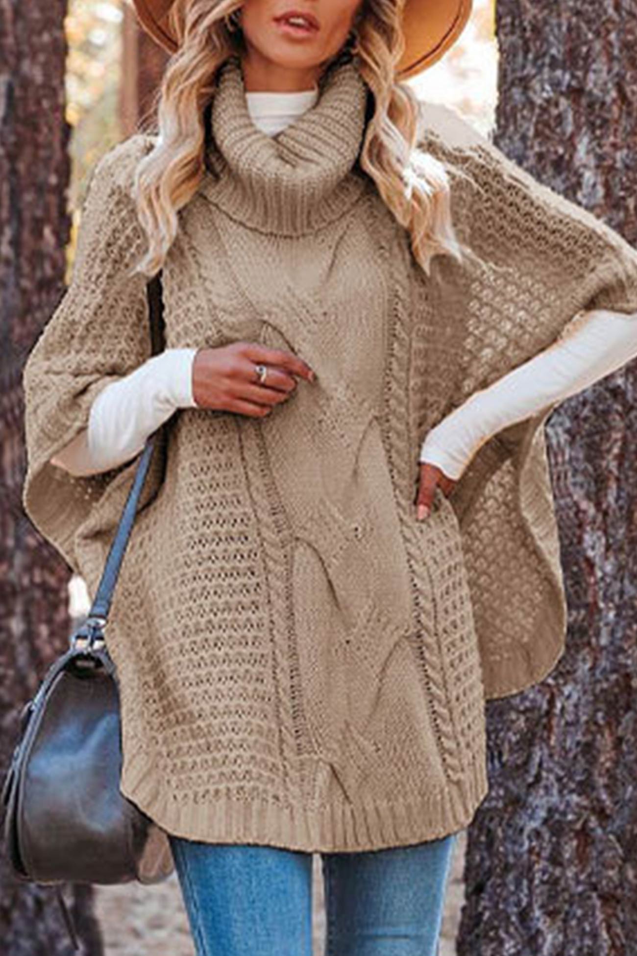Alba® | Turtleneck Cable Knit Shawl Sweater