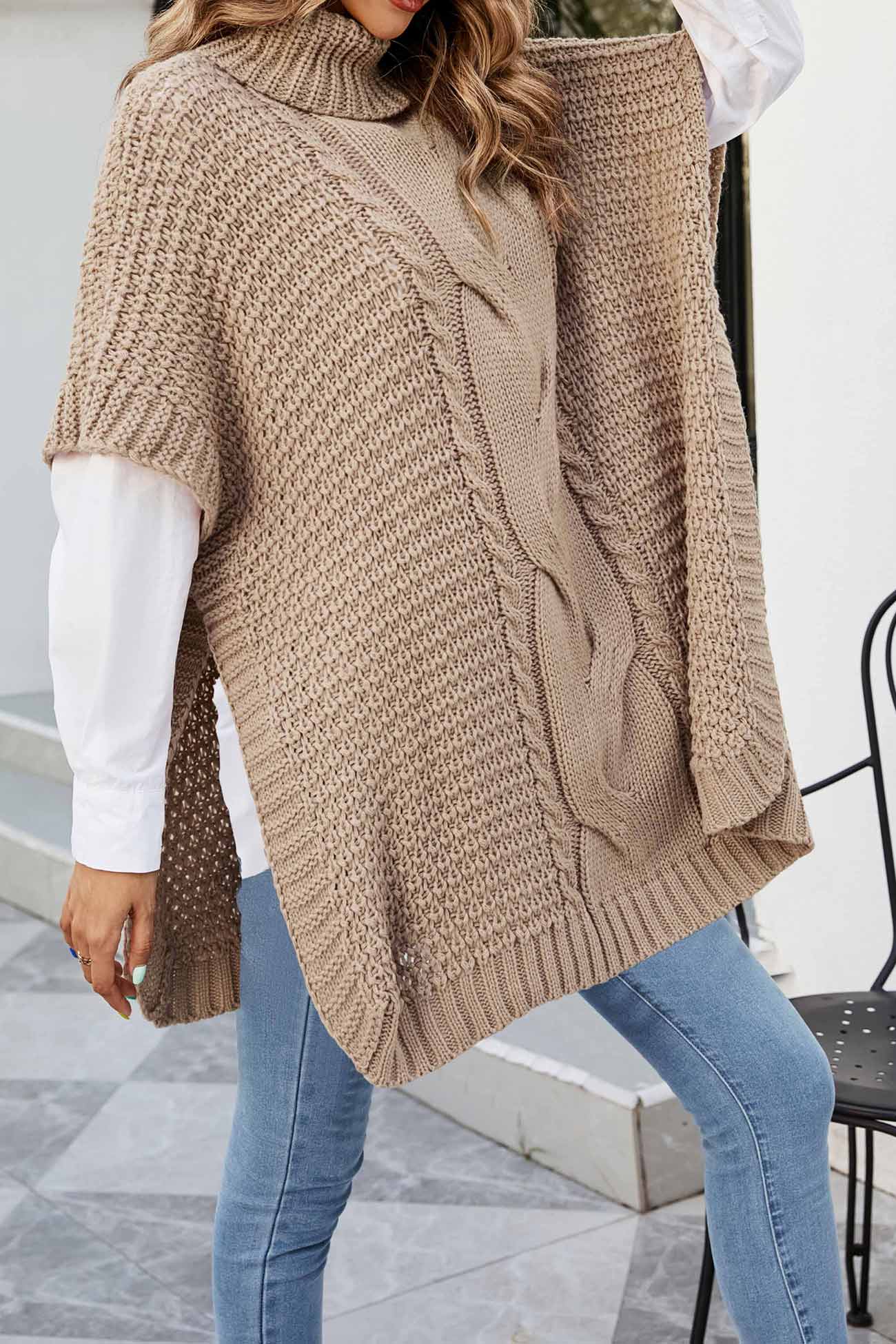 Alba® | Turtleneck Cable Knit Shawl Sweater