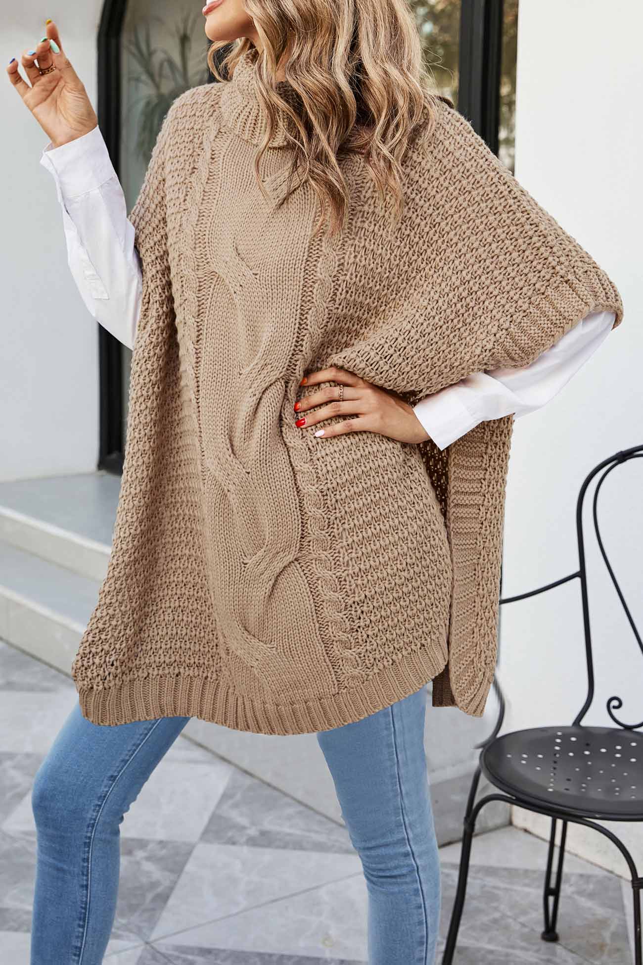Alba® | Turtleneck Cable Knit Shawl Sweater