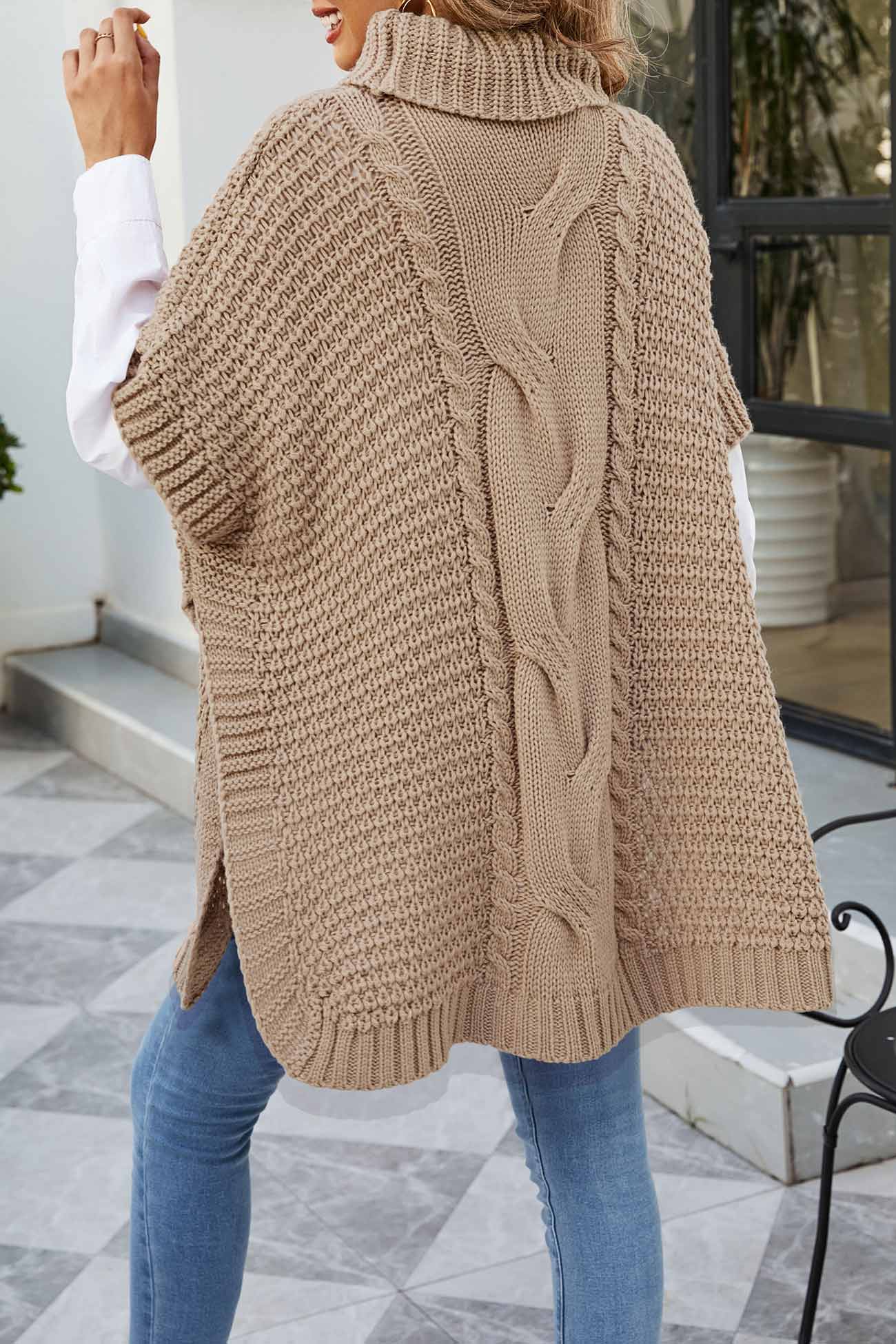 Alba® | Turtleneck Cable Knit Shawl Sweater