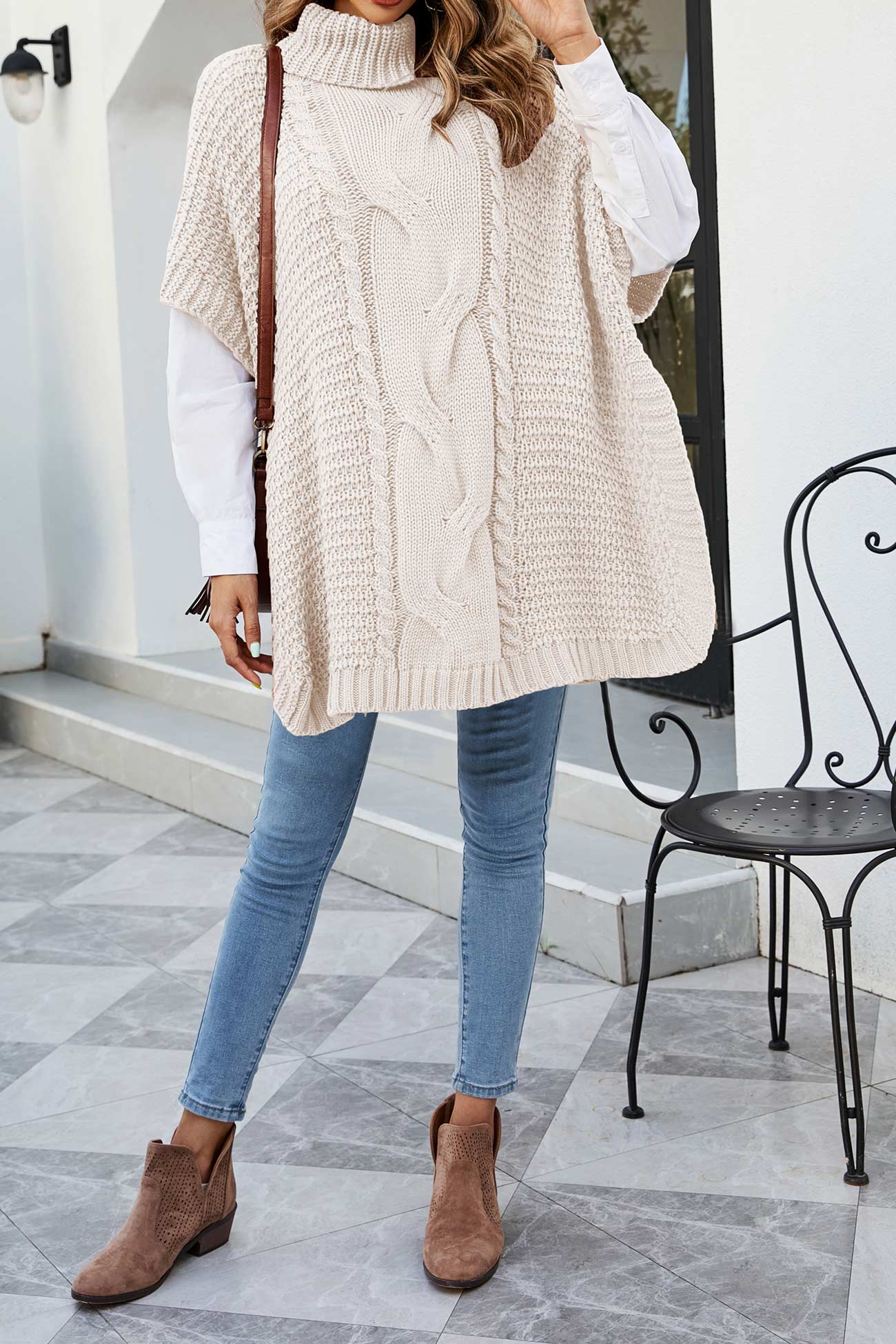 Alba® | Turtleneck Cable Knit Shawl Sweater