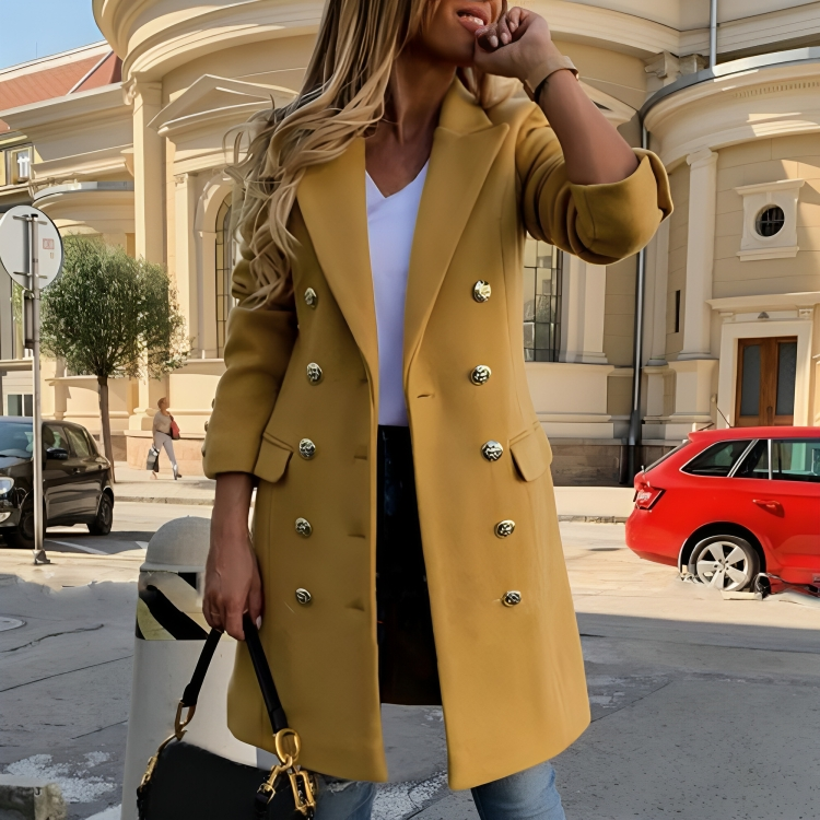Women’s Wool Coat – Tailored Fit – Double-Breasted – Metallic Buttons – Down Collar
