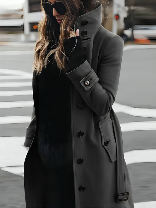 Women’s Long Coat – Slim Fit – Double Breasted – High Collar – Belted Waist