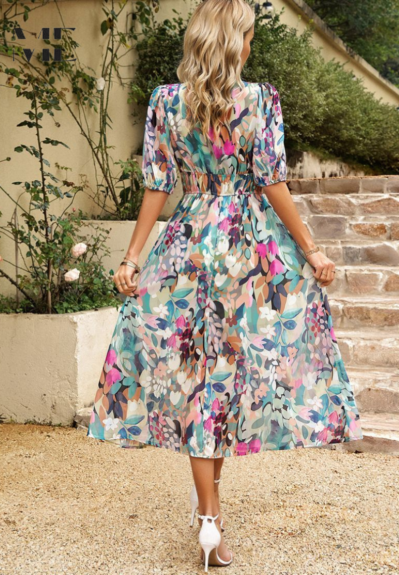 Roxanne | Elegant Floral Midi Dress with Puff Sleeves