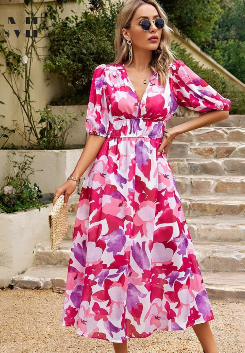 Roxanne | Elegant Floral Midi Dress with Puff Sleeves